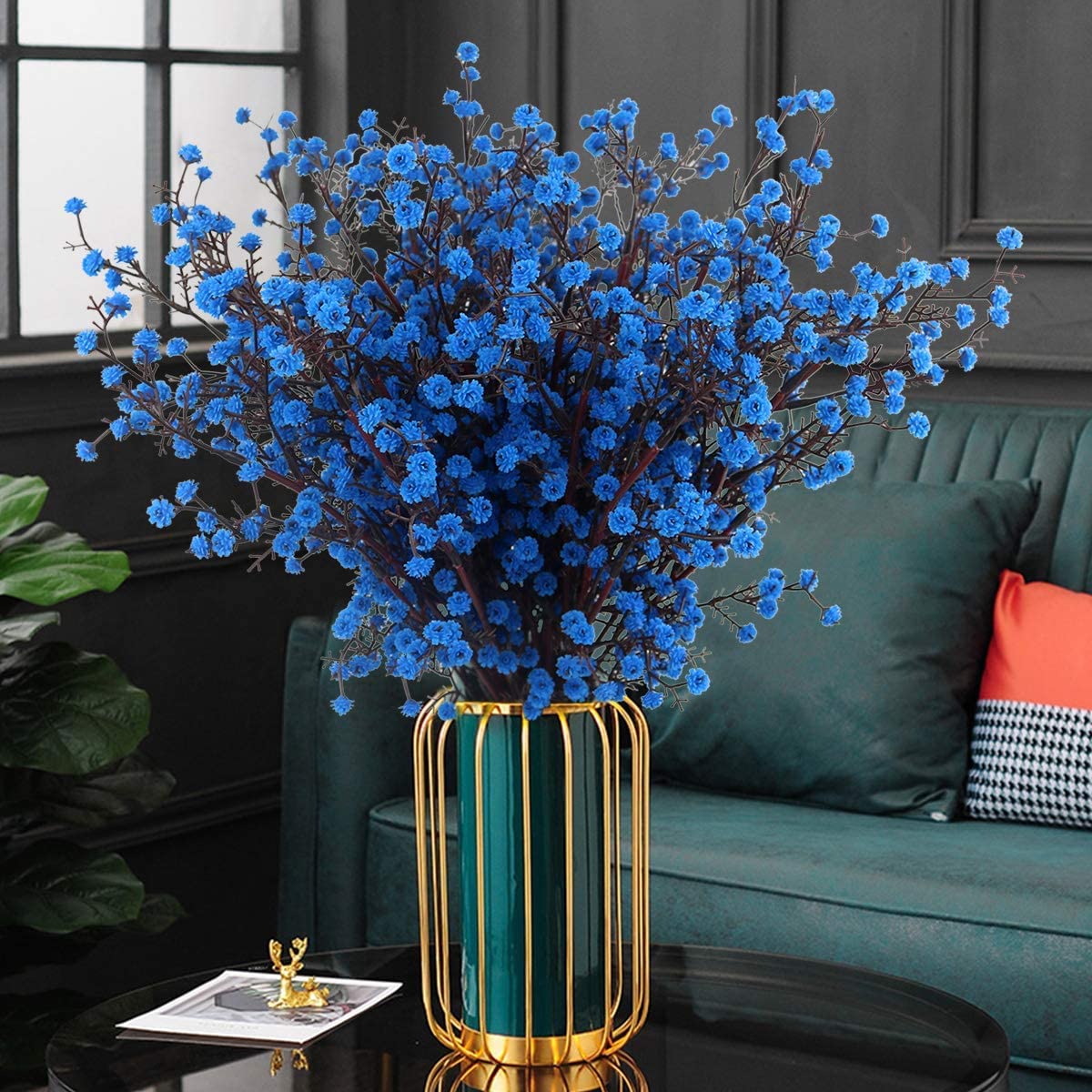 Artificial Baby Breath Faux Flowers for Vases Blue Color, Height 20", 4 pcs Real Touch Flowers for Wedding Party DIY Wreath Floral Arrangement Home Decoration (Blue-04 pcs),Cotton