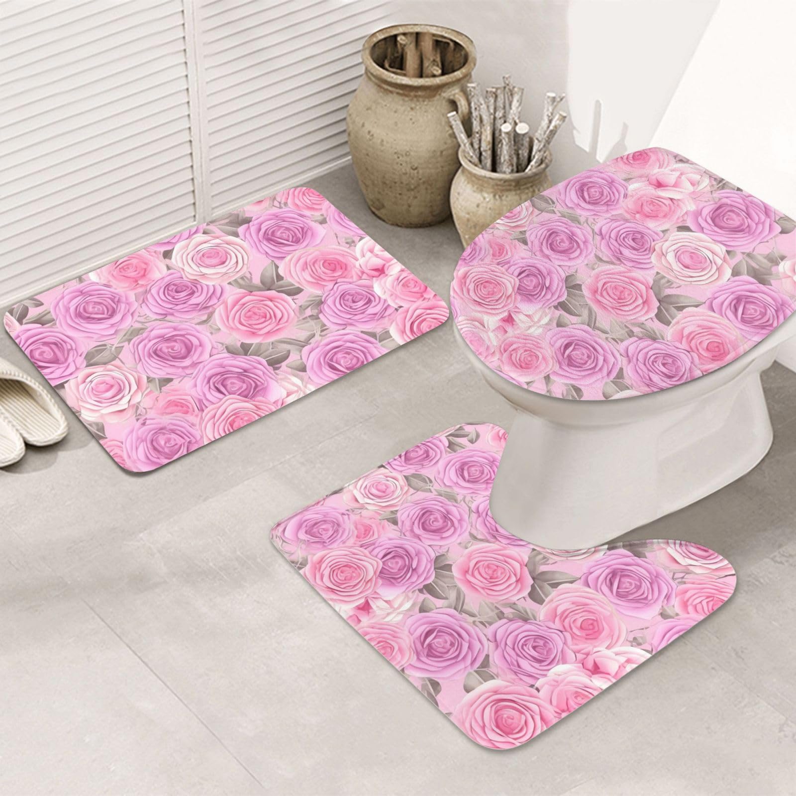 Ensemble tapis de bain en U absorbant 3 pièces motif roses fleuries