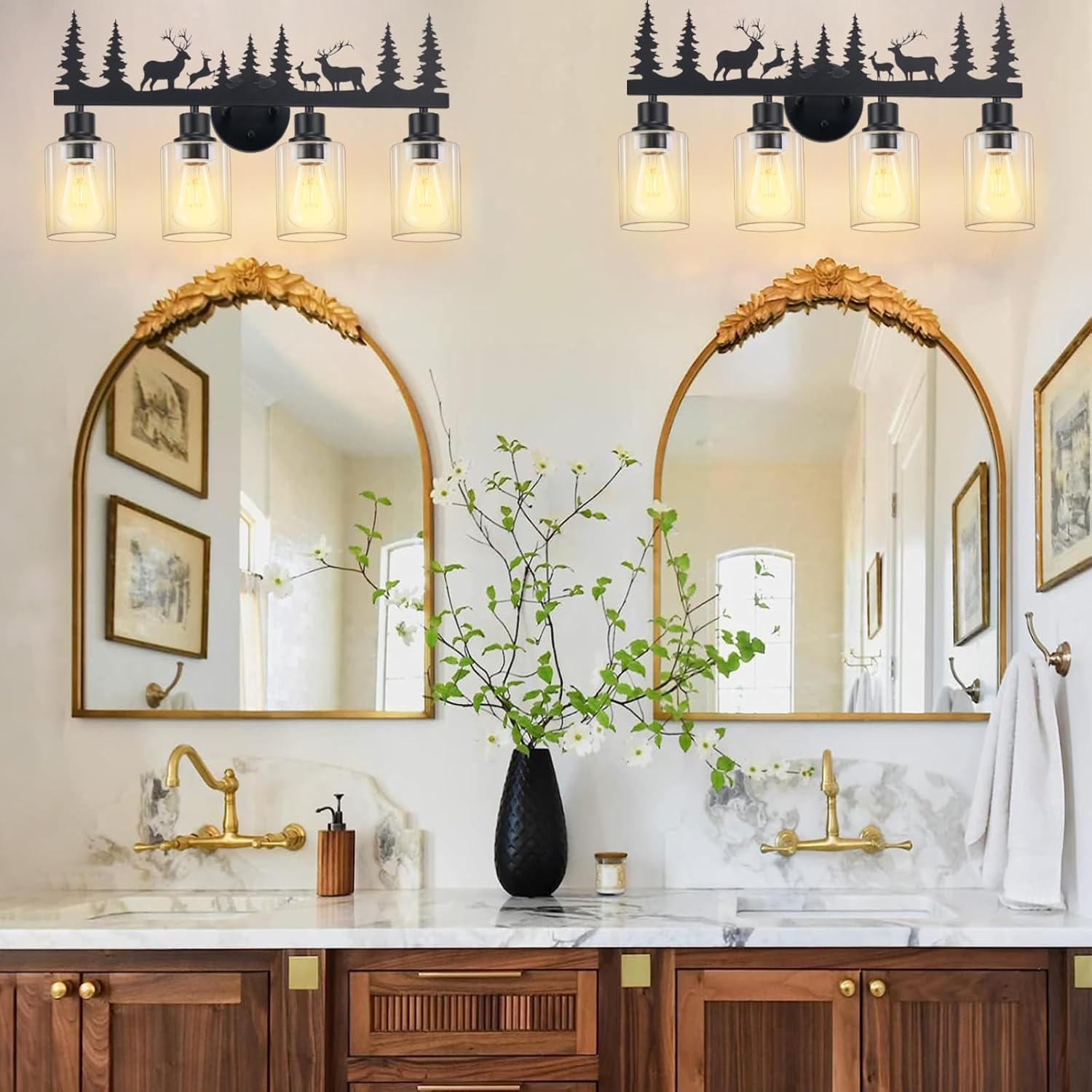 Farmhouse Rustic Deer Bathroom Light Fixtures, 4-Light Black Vanity Lights with Clear Glass Shade, Wall Lamp for Bathroom, Living Room, Hallway, Kitchen, Cabinet, Porch