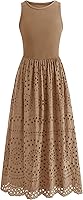 Dowerme Women's Summer Boho Maxi Dress 2026: Sleeveless Lace Eyelet A-Line Tank with Pockets, Flowy Cotton Knit