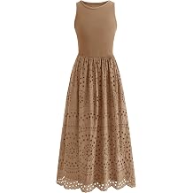 dowerme Women Summer Dresses 2026 Casual Sleeveless Crewneck A-Line Boho Lace Eyelet Cotton Tank Maxi Dress with Pockets