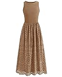 dowerme Women Summer Dresses 2026 Casual Sleeveless Crewneck A-Line Boho Lace Eyelet Cotton Tank Maxi Dress with Pockets Khaki Small