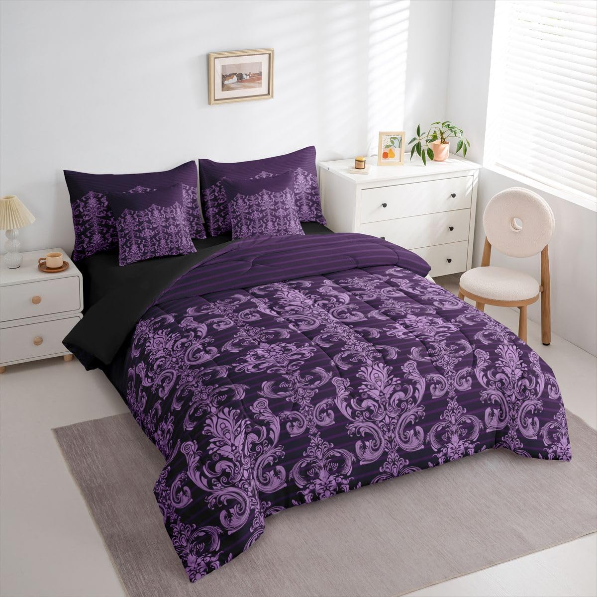 Feelyou Gothic Damask Full Comforter Set with Sheets for Kids Boys Girls Antique Victorian Baroque 7 Pieces Bedding Set Gothic Purple Floral Bed in a Bag Bohemian Room Decor Soft