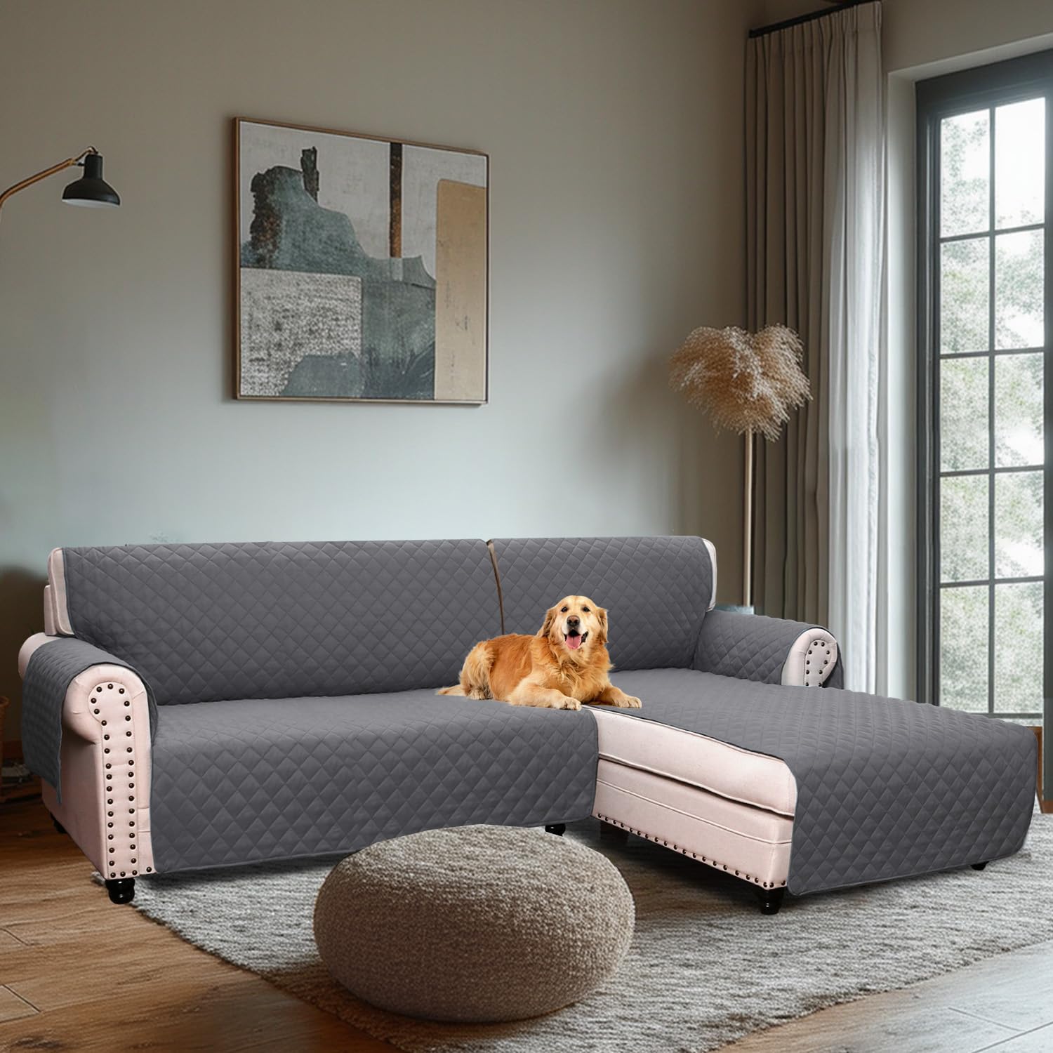 H.Versailtex Water Resistant Sofa Covers for Sectional Sofa 2-Piece Non Slip Corner Sofa Cover Sectional Couch Cover L Shaped for Dogs (Right Chaise Lounge Cover + 3 Seat Sofa Cover, Grey)