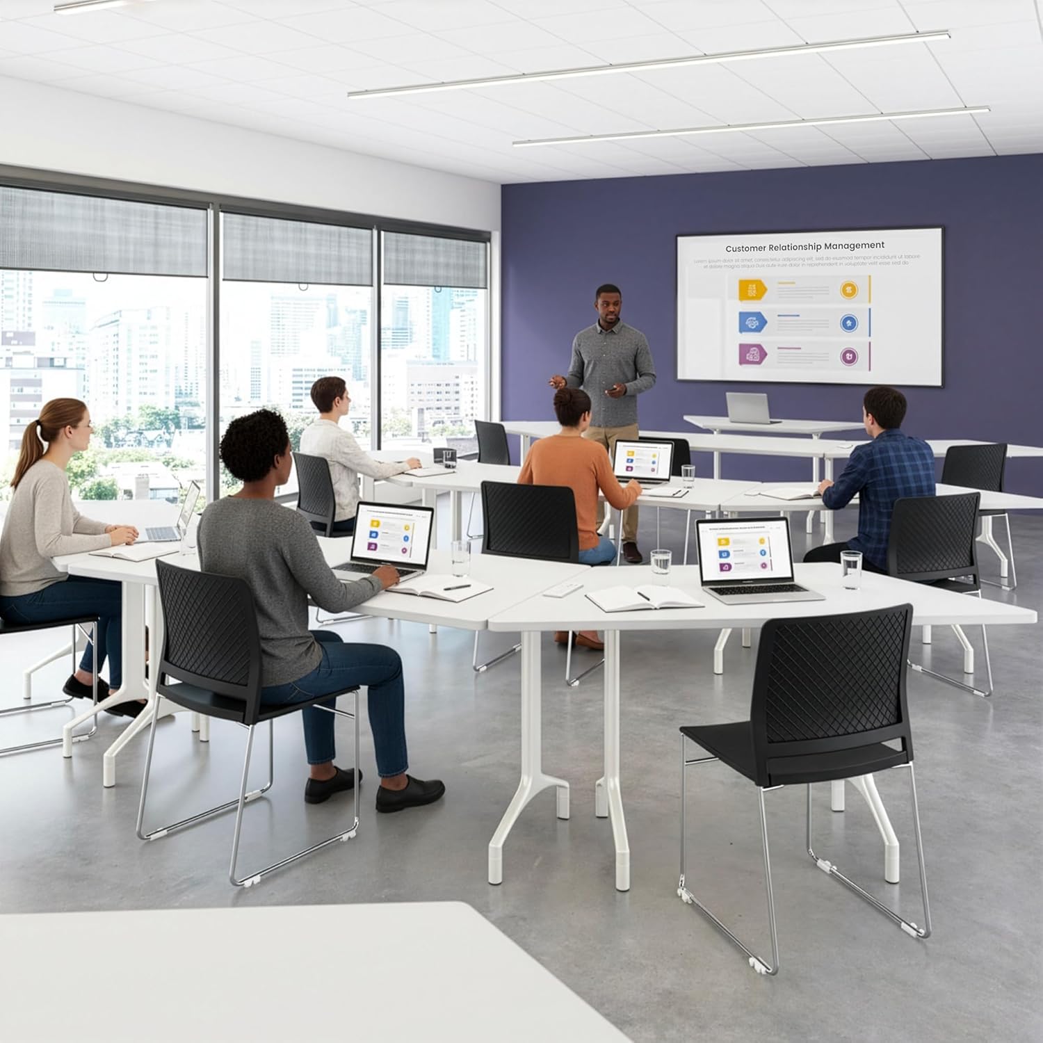 Bush Business Furniture 60-inch Rolling Trapezoid Conference Room Table, Modular Training Table with Wheels for Meetings and Classrooms, Commercial Office Furniture, Synergy Collection, White