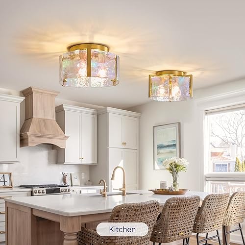 Miniatura 8 de Lámpara de techo de montaje empotrado dorada 14.1 '' Lámparas de techo de vidrio - Iluminación de entrada de cocina de mediados de siglo - Luces