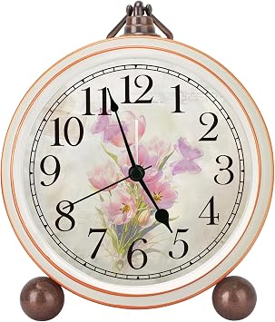 Classic Vintage Table Clock - 5.2in Pink Tulips Analog Desk Clock, Silent Non-Ticking Clock with Distressed Metal Frame for Office, Living Room or Bedroom Pink Tulips