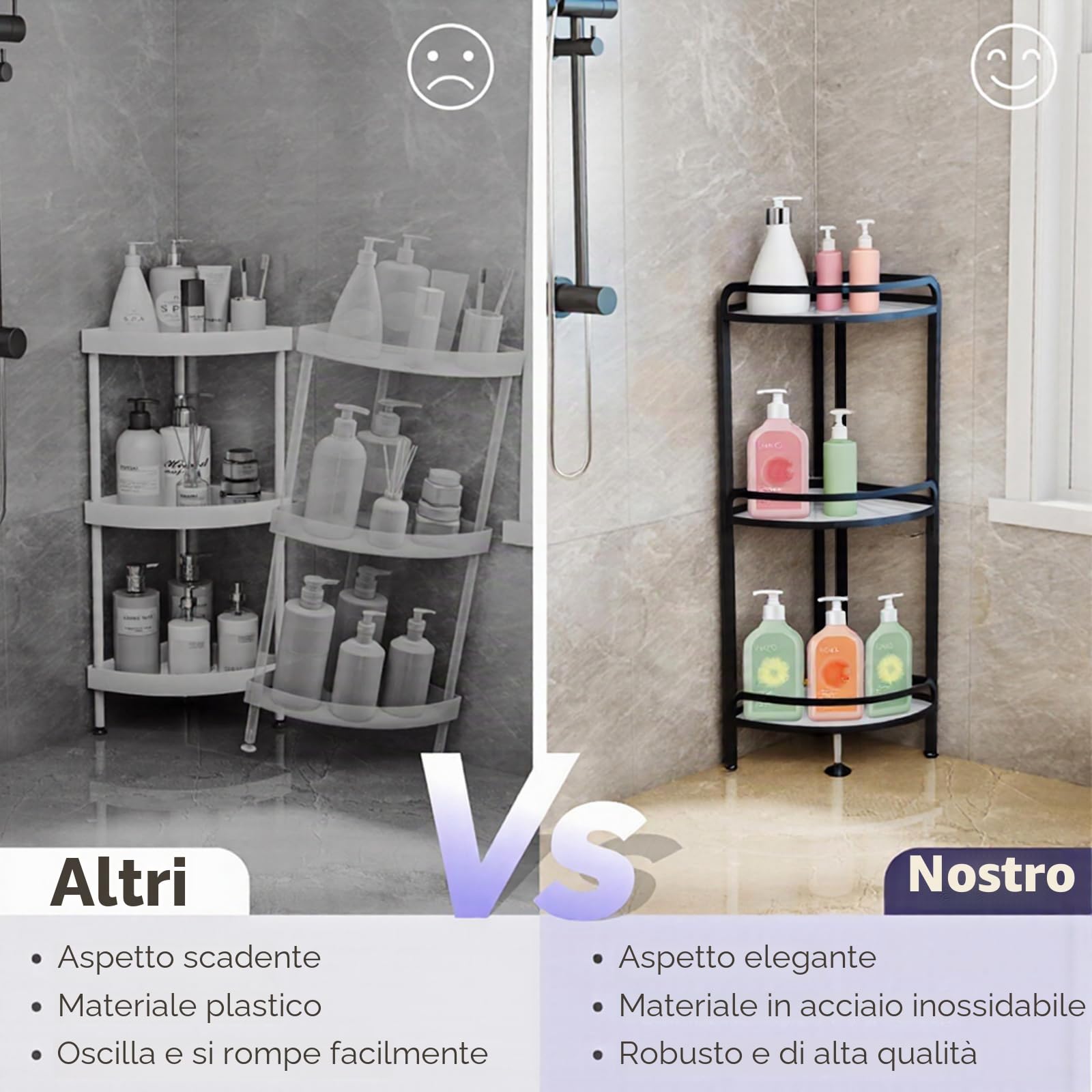 Scaffale da doccia a 3 livelli, in piedi senza foratura, può trasportare fino a 35 kg, materiale ispessito e durevole, per bagno e cucina (nero)