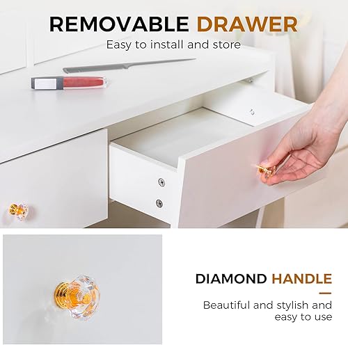 Miniatura 8 de COMHOMA Makeup Vanity Desk with Mirror and Lights, Vanity Table and Chair Set with 5 Drawers and Charging Station, Bedroom Dresser LED Mirror Color