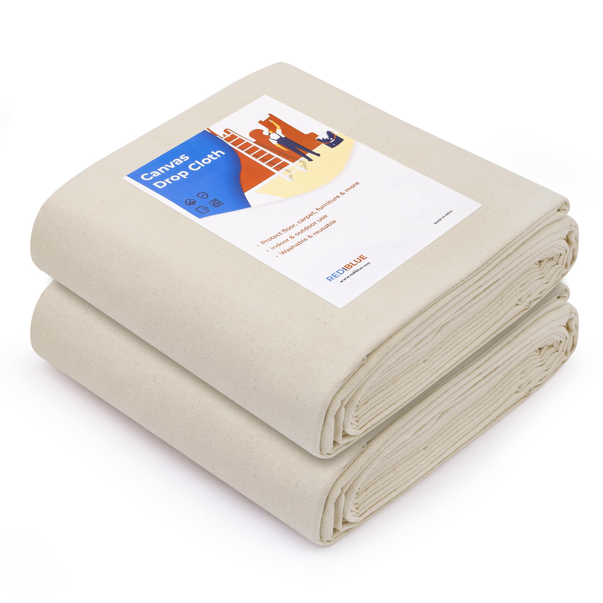 REDIBLUE Canvas Drop Cloth for Painting - Washable, Durable, Highly Absorbent Seamless Cotton Fabric, Multipurpose Protection for Floor, Carpet, Furniture, Indoor, Outdoor Use, 8oz, 6x9ft (Pack of 2)