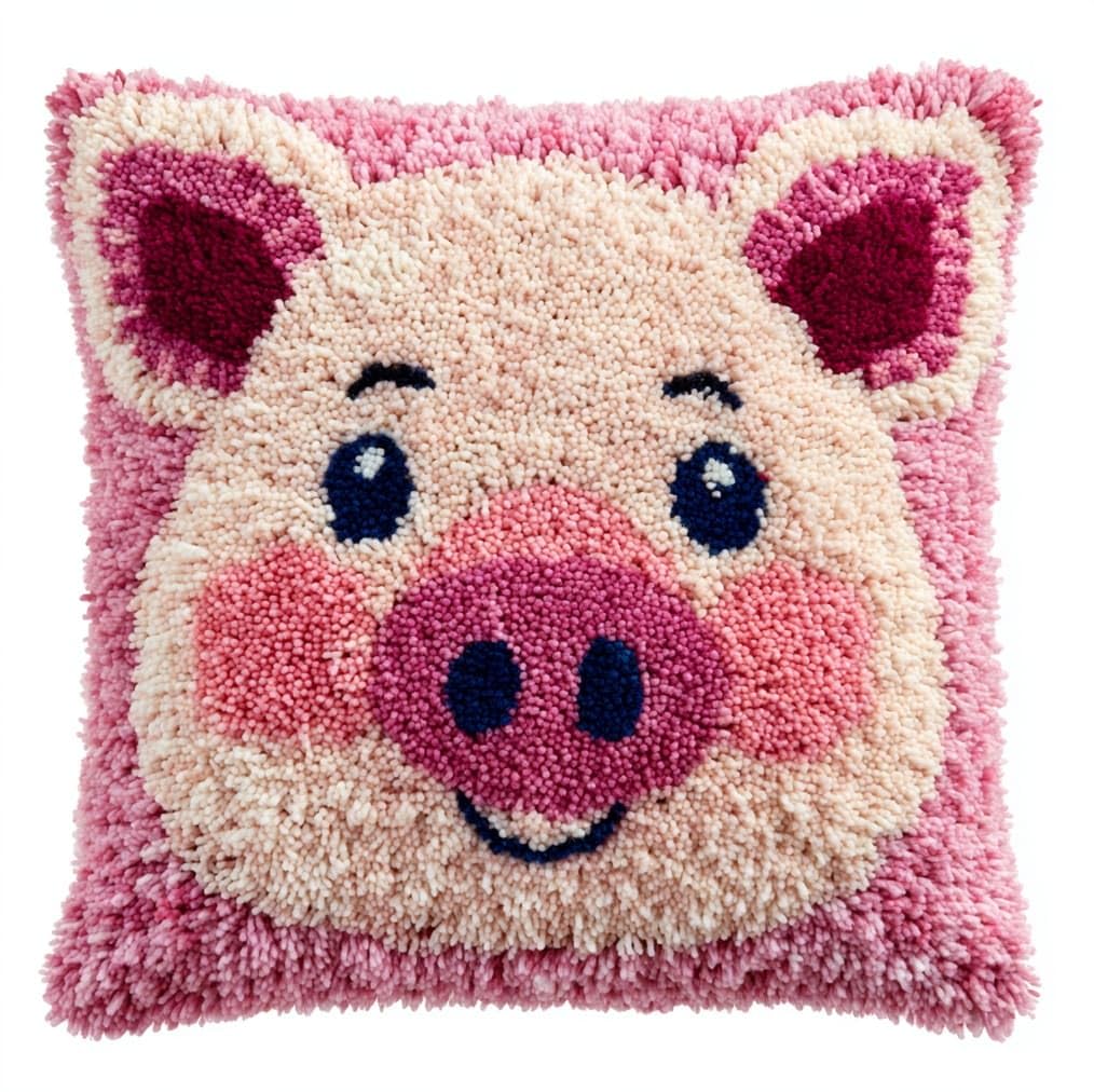 Henypt Latch Hook Pillow Kit 43x43cm,Cute Pink Pig Embroidery Cushion Set for Home Interior,Relaxing Hobby for Adults & Craft Beginners