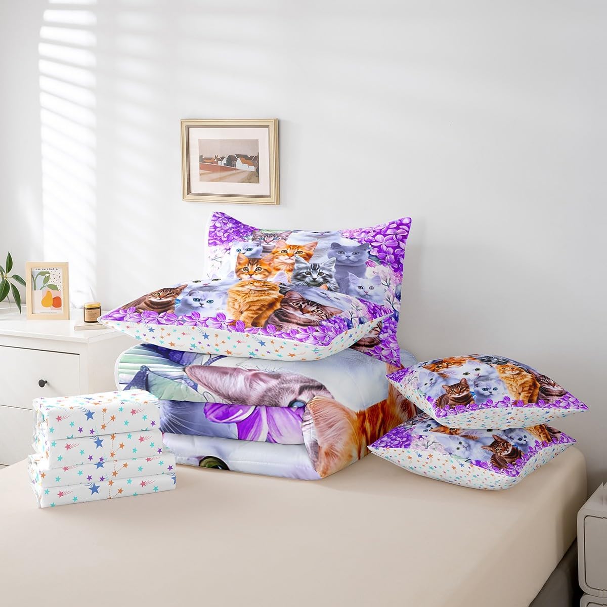 Feelyou Floral Cat 7 Piece Bedding Set with Sheets Queen Size Purple Cat Comforter Set with Sheets for Kids Teens Girls Bed Set Kawaii Animals Cute Decor Bedroom Soft and Lightweight(Reversible Stars)