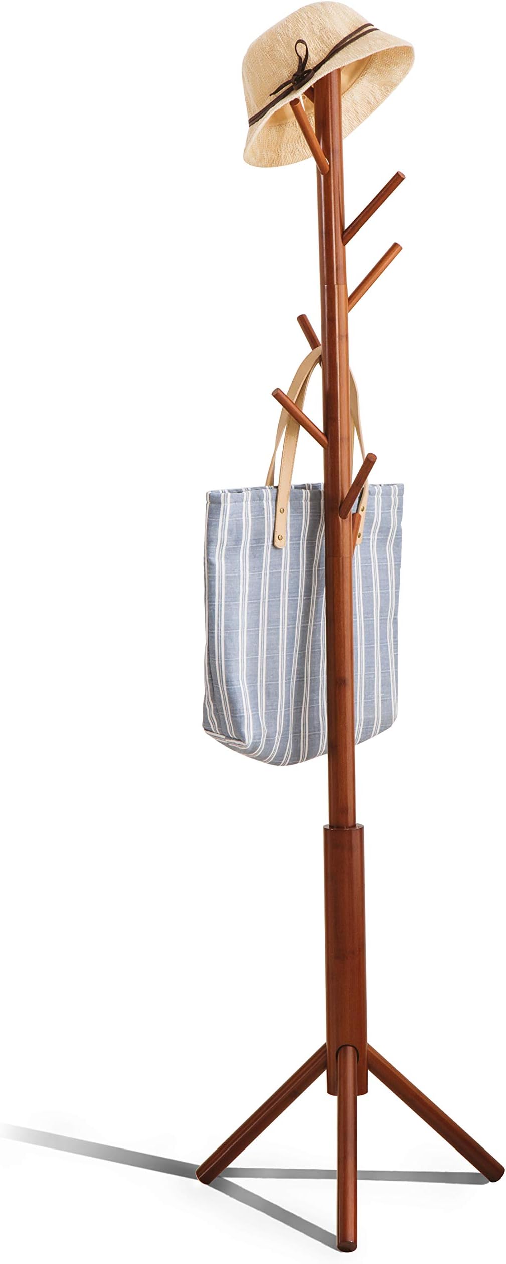 FILWH Bamboo Coat Rack Freestanding Coat Rack Tree Adjustable with 3 Sections & 8 Hooks Coat Hanger Stand for Bedroom Hallway Entryway Bedroom(Brown)