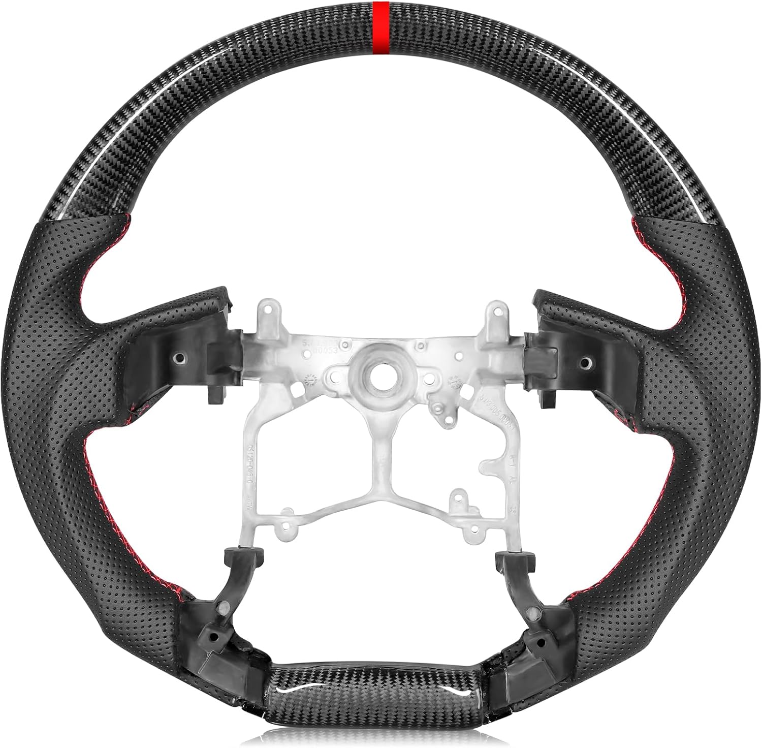 Real Carbon Fiber Steering Wheel Frame compatible with Toyota Tacoma (2012-2023), for 4Runner (2010-2024), for Tundra (2014-2021) - Black Perforated Grip, Red Stitching, Red Center Stripe