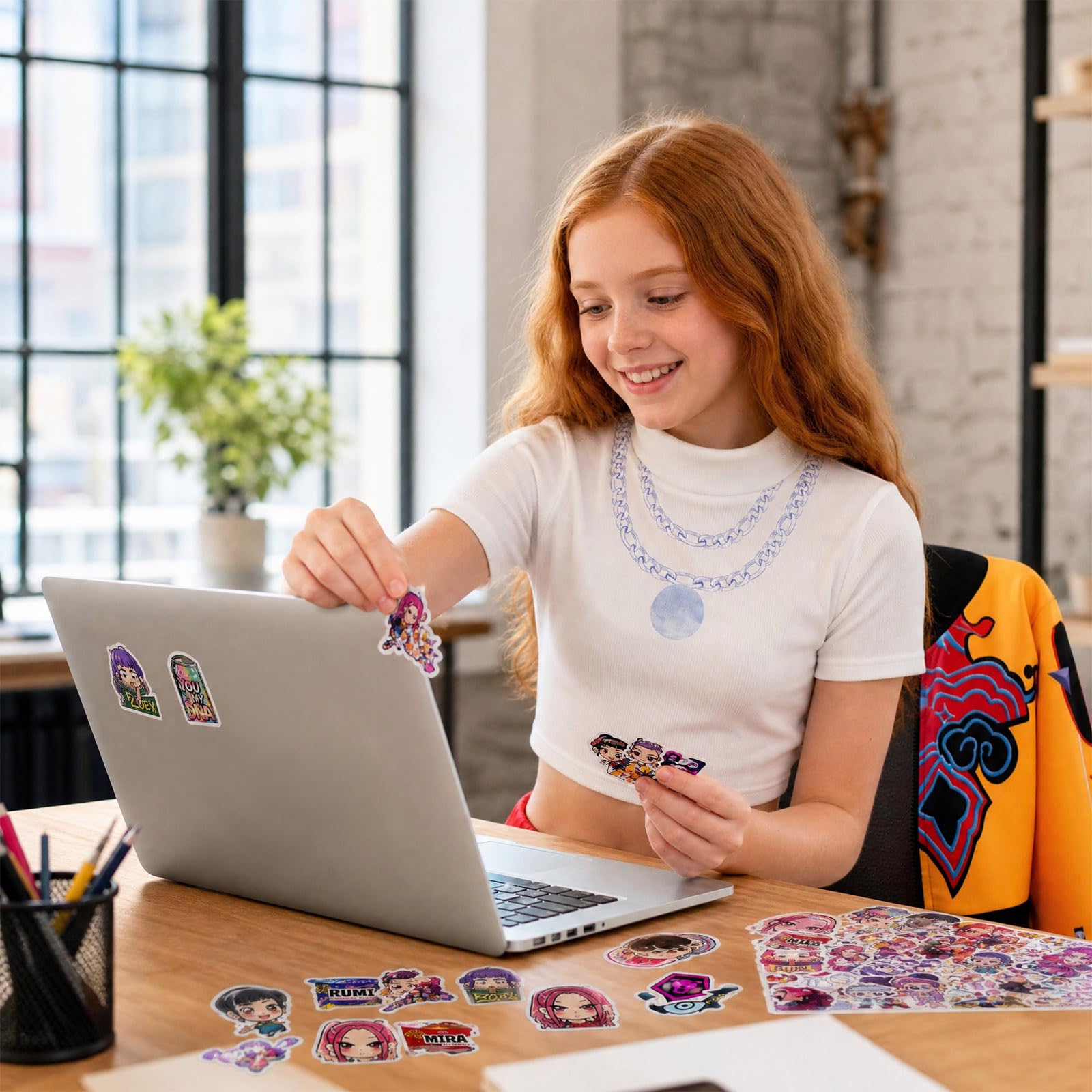 Simsky Anime Cosplay Kostüm für Mädchen, Idol Sängerin Outfit Set, Bühnenkleid mit Jacke, Hose und Aufklebern, Karneval Fasching Party Anzug für Teenager