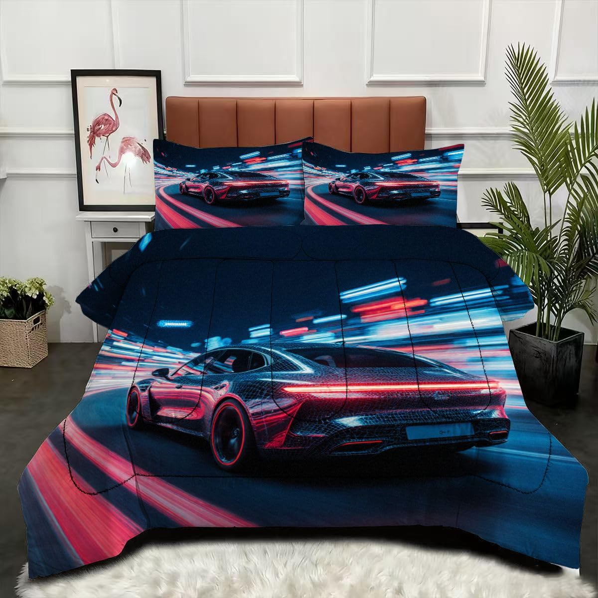 Couette 240 x 260 cm voiture de sport 3D en microfibre lavable et hypoallergénique