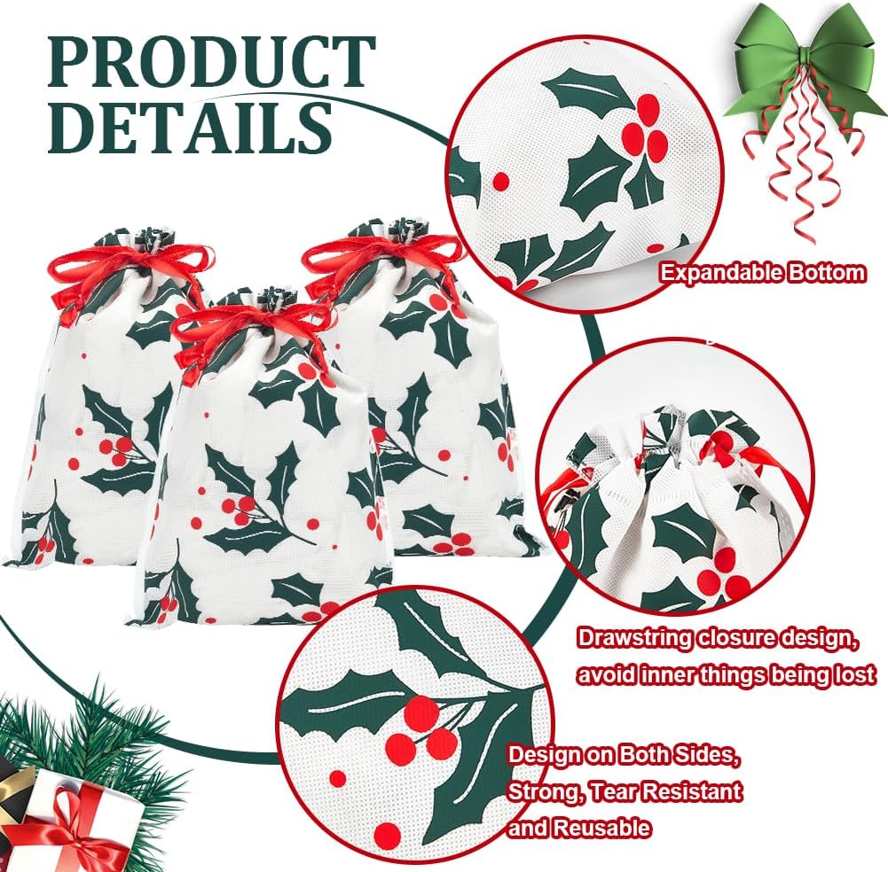 Beebeecraft Christmas Drawstring Bags 30x22cm/11.89x8.66 Inch Holly Leaves Printed Pouches Bags for Christmas Party Candy Favor Bags