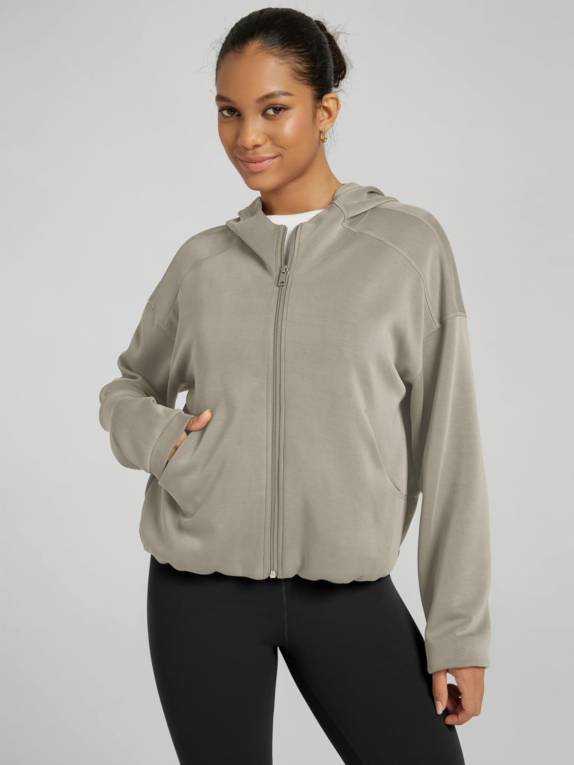 ODODOS Women's Modal Soft Full Zip Hoodie Gathered Hem Long Sleeve Casual Oufit Hooded Jacket with Pockets - Image 3