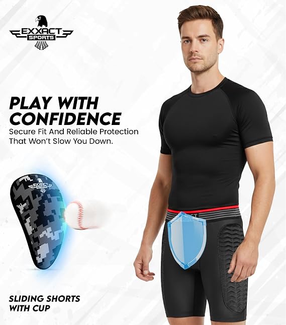 Exxact Sports Men's Baseball Sliding Shorts with Soft Athletic Cup, Breathable Padded Compression Shorts for Baseball