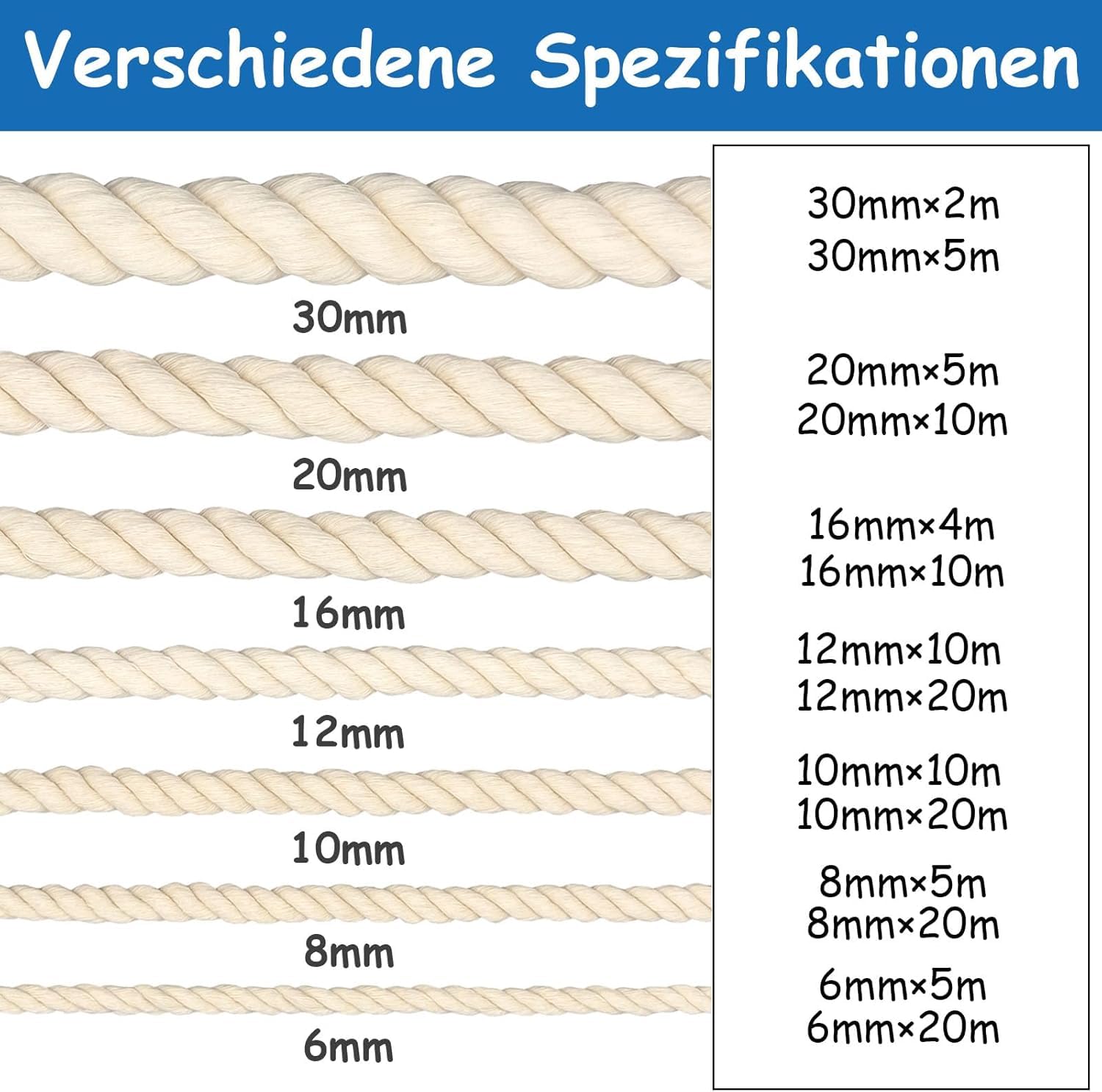 BaumwollKordel, Makramee Garnseil, Baumwollseil für DIY Handwerk, Dekorative Projekte, Haustier Spielzeug ((20mm(50M)))