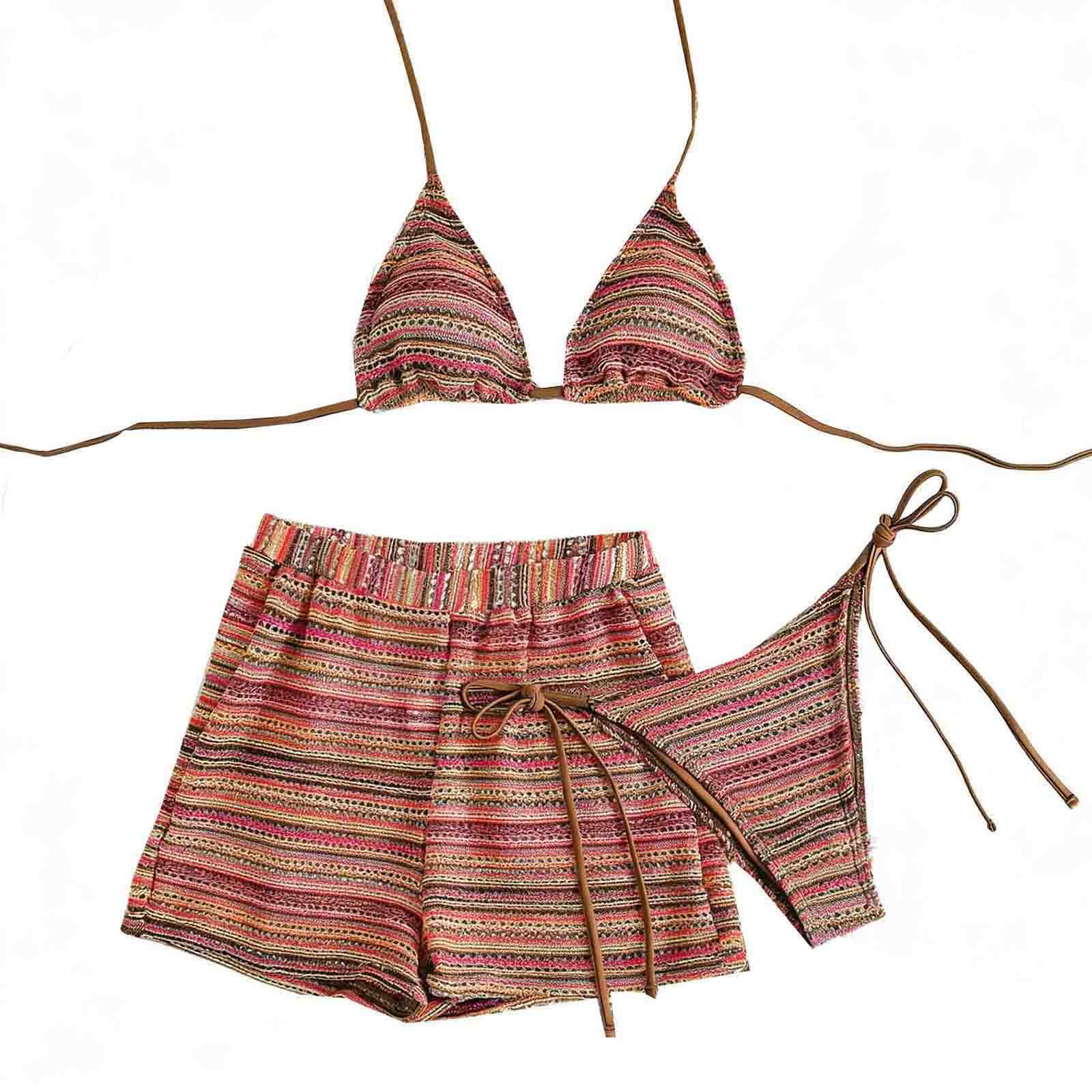 Zestaw bikini damski trzyczęściowy strój kąpielowy z wyściółką na szyi dopasowana sylwetka kolor kontrastowy design wakacje plaża letni styl