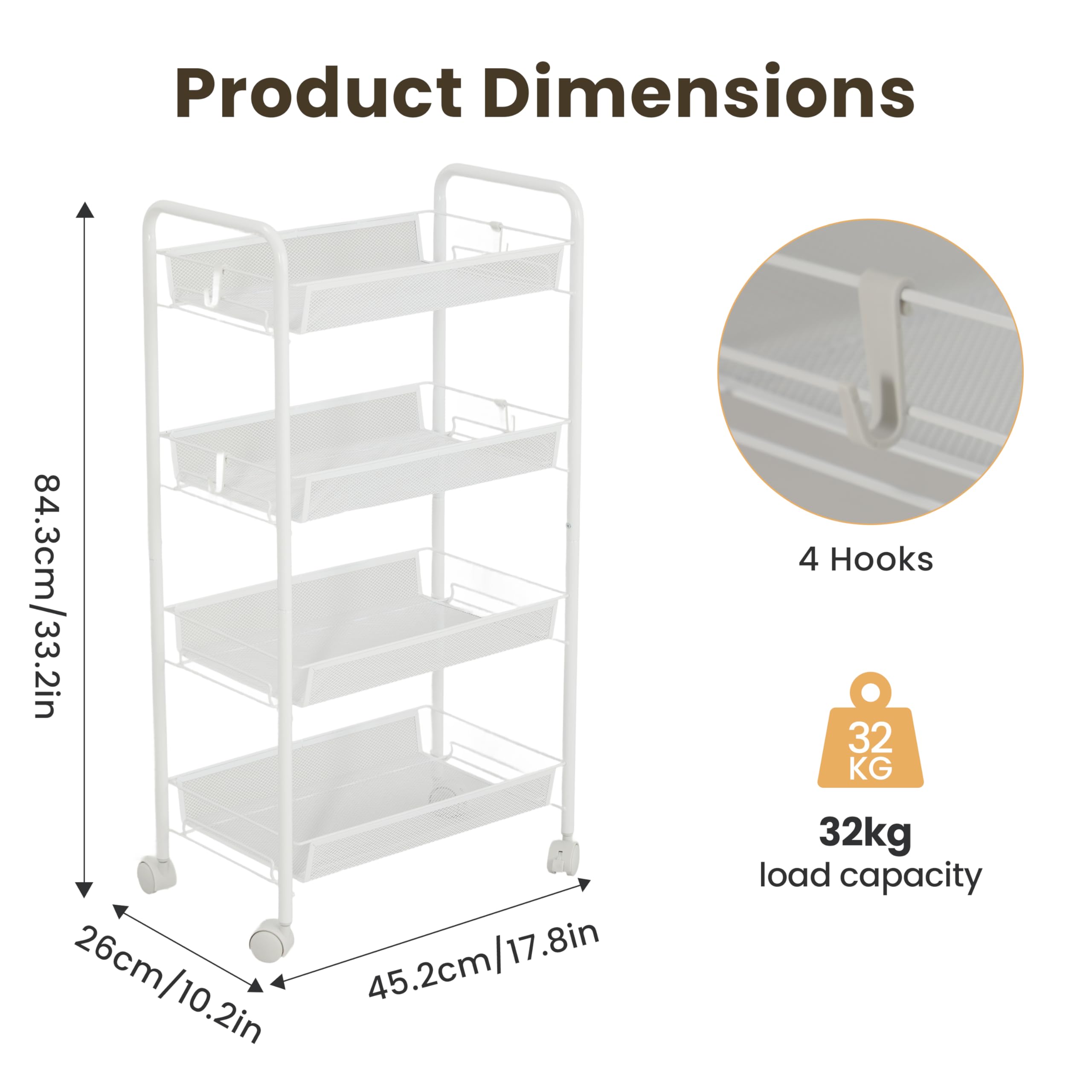 maxplore Carrello in metallo, 4 piani, carrello da cucina con manici, ruote bloccabili, per soggiorno, bagno, cucina, ufficio, bianco