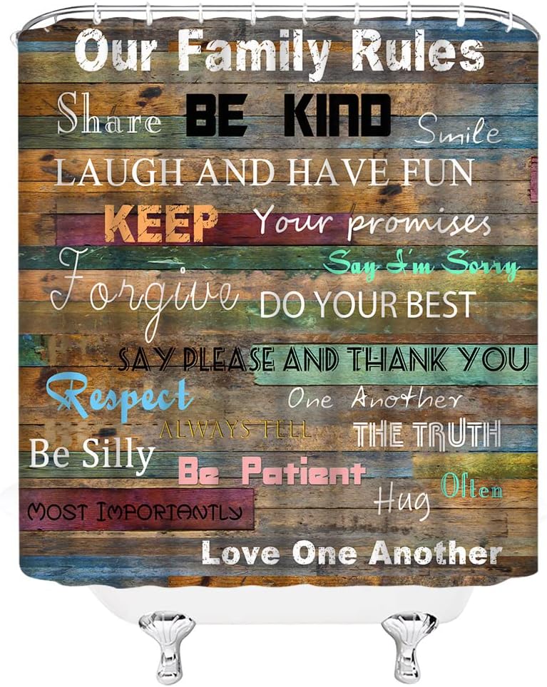 Family Rules Shower Curtain Motivational Inspirational Quotes Rustic Colorful Wooden Plank Board Cabin Retro Brown Blue Fabric Bathroom Decor Set with Hooks(70" Wx78 H)