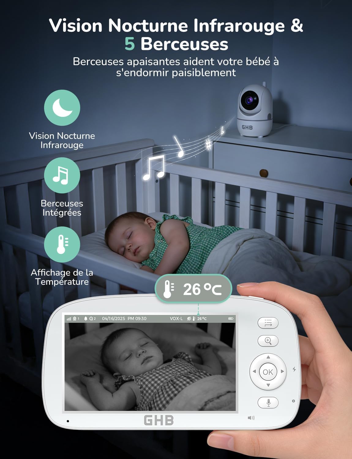 GHB Baby Monitor screen showing a baby, with the camera unit illustrating 350 degree horizontal and 110 degree vertical rotation, and 4x digital zoom capability.