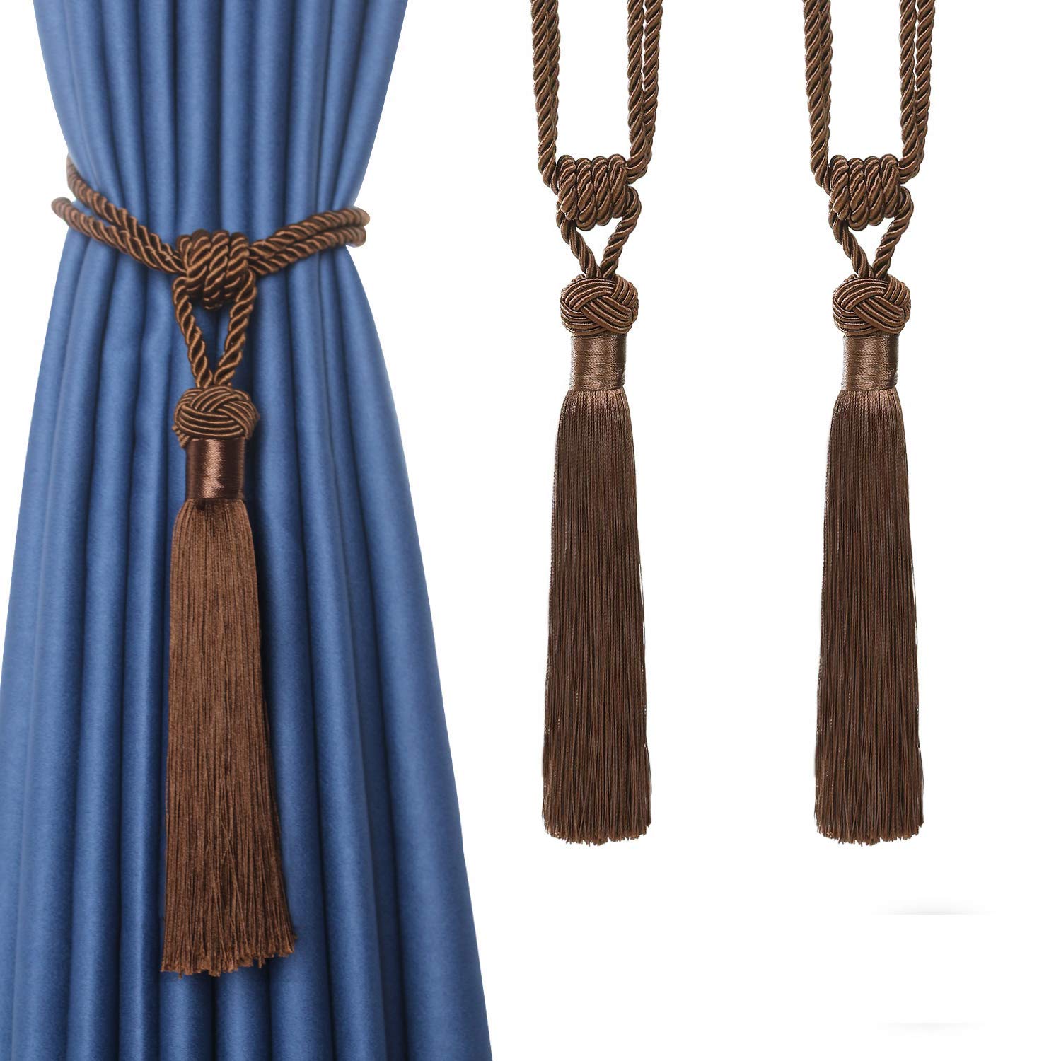 Tassel Curtain Tiebacks， Braided Rope Curtain Tiebacks Decorative Tassels Multicolor 2/4 Pcs(Dark Coffee,2pcs)