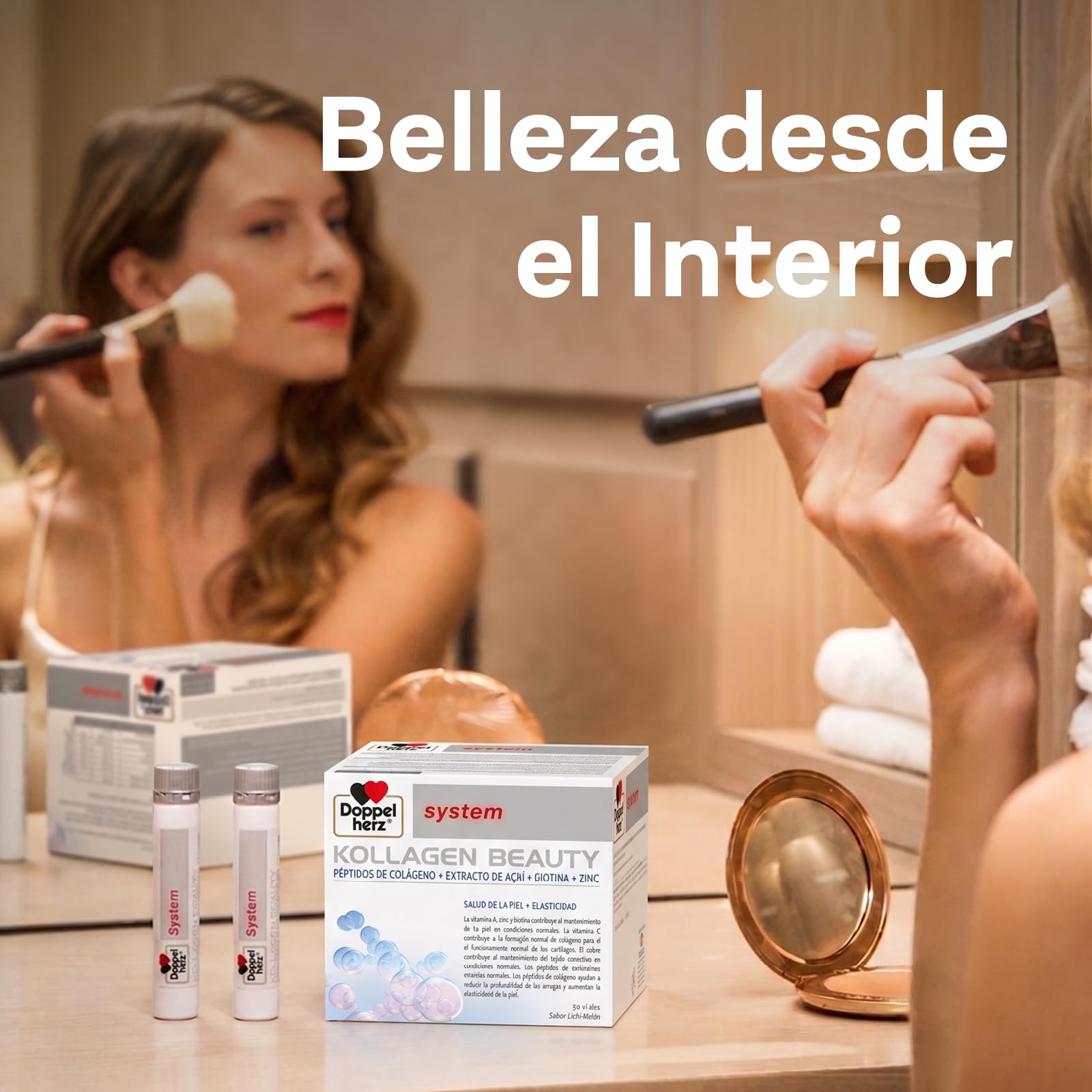 Doppelherz system KOLLAGEN BEAUTY - Complemento Alimenticio para Piel con Péptidos de Colágeno, Extracto de Açai, Biotina, Vitamina A, C y E, Zinc y Cobre, Sin Gluten ni Lactosa, 30 Viales