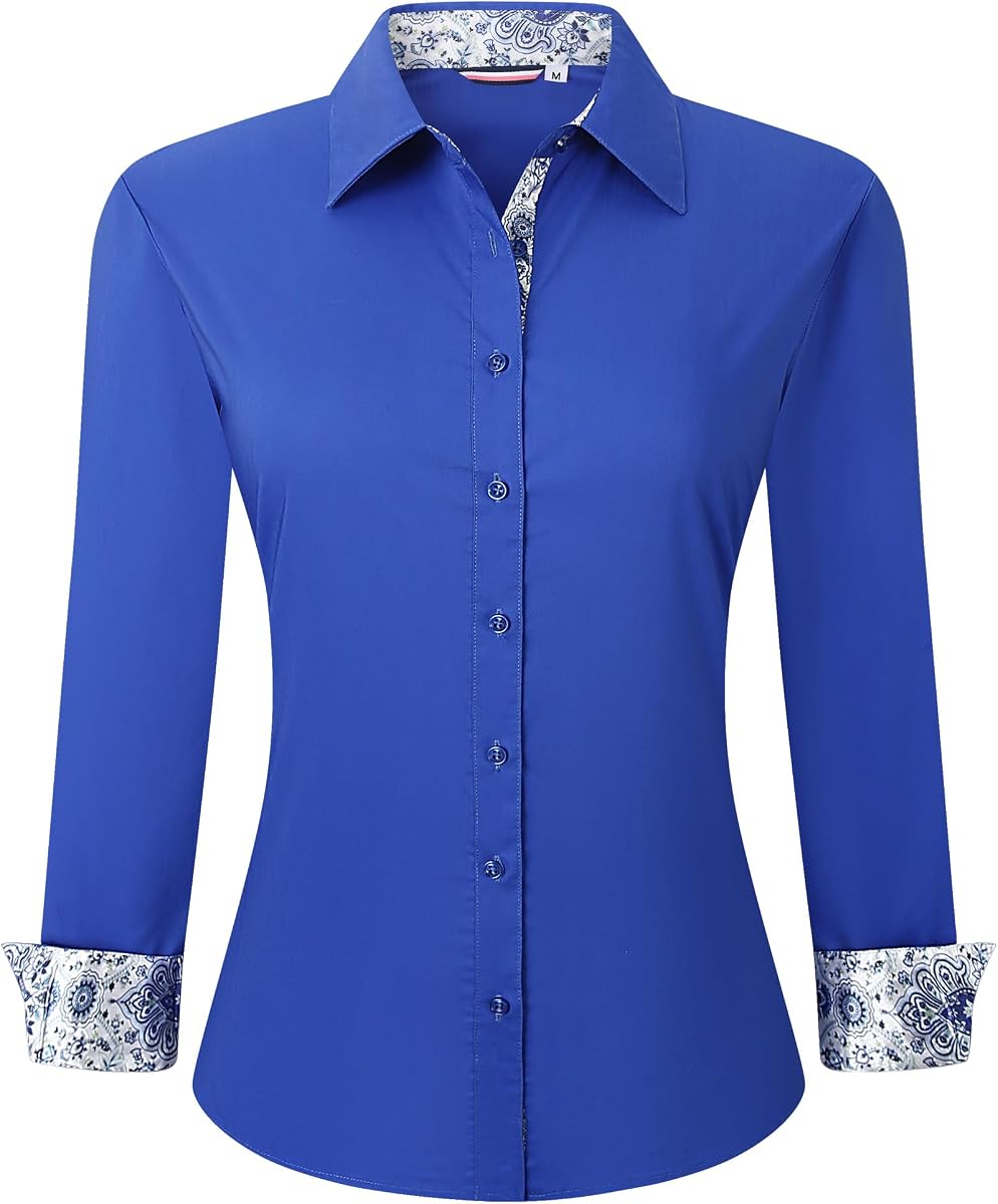 Womens Dress Shirts Cotton Long Sleeve Stretch Button Down Blouse | Cotton for Soft, Regualr Fit, Comfortable, Button Up Contrast Collar, No-iron, Ideal for Work, Casual & Daily Wear