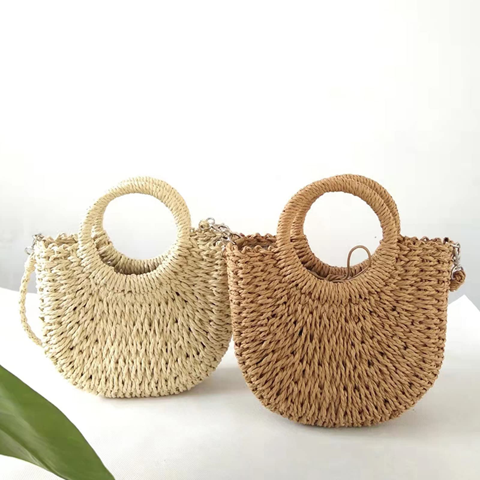 JOLLQUE – Sac de plage en paille pour femme, sac fourre-tout d'été tissé à la main avec pompon, poignée sur le dessus
