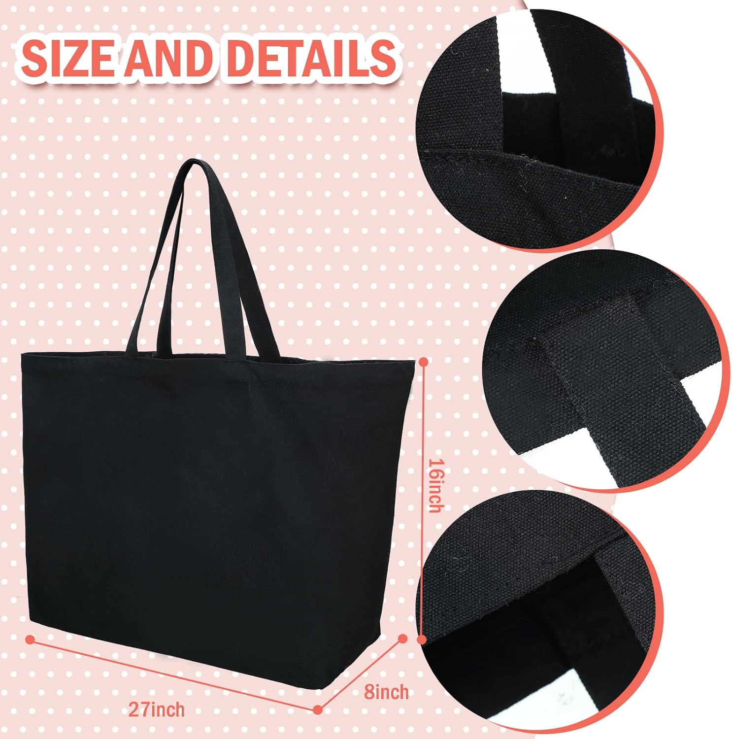 Sweetude 6 Extra Large Canvas Tote Bags Black XL Heavy Duty Grocery Beach Totes 28 x 8 x 16 Inch Reusable Oversized Big Shopping Bags with Handles - Image 3