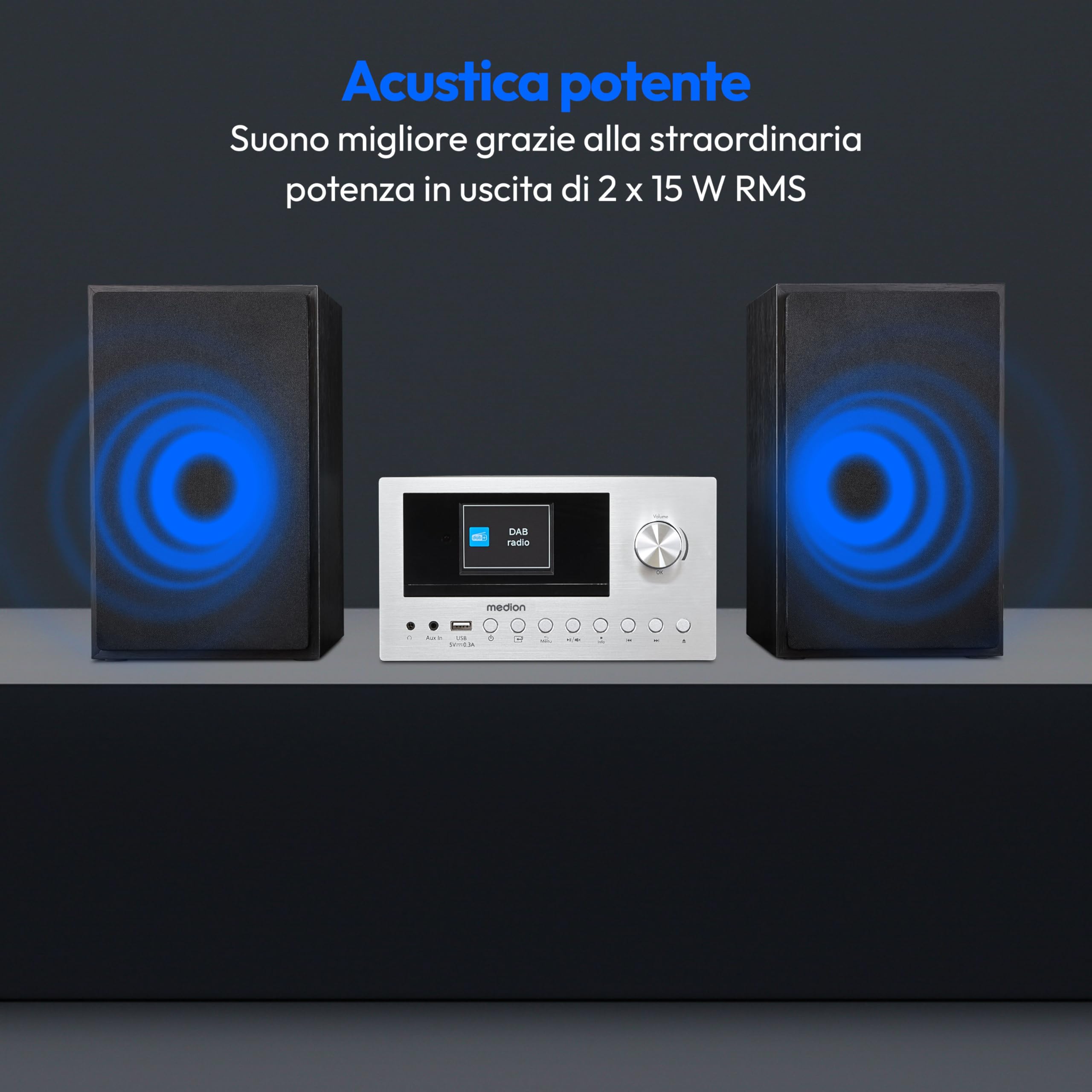 MEDION Micro Impianto Audio Compatto P85003 Radio Internet DAB+ FM Bluetooth USB AUX 2x150 W