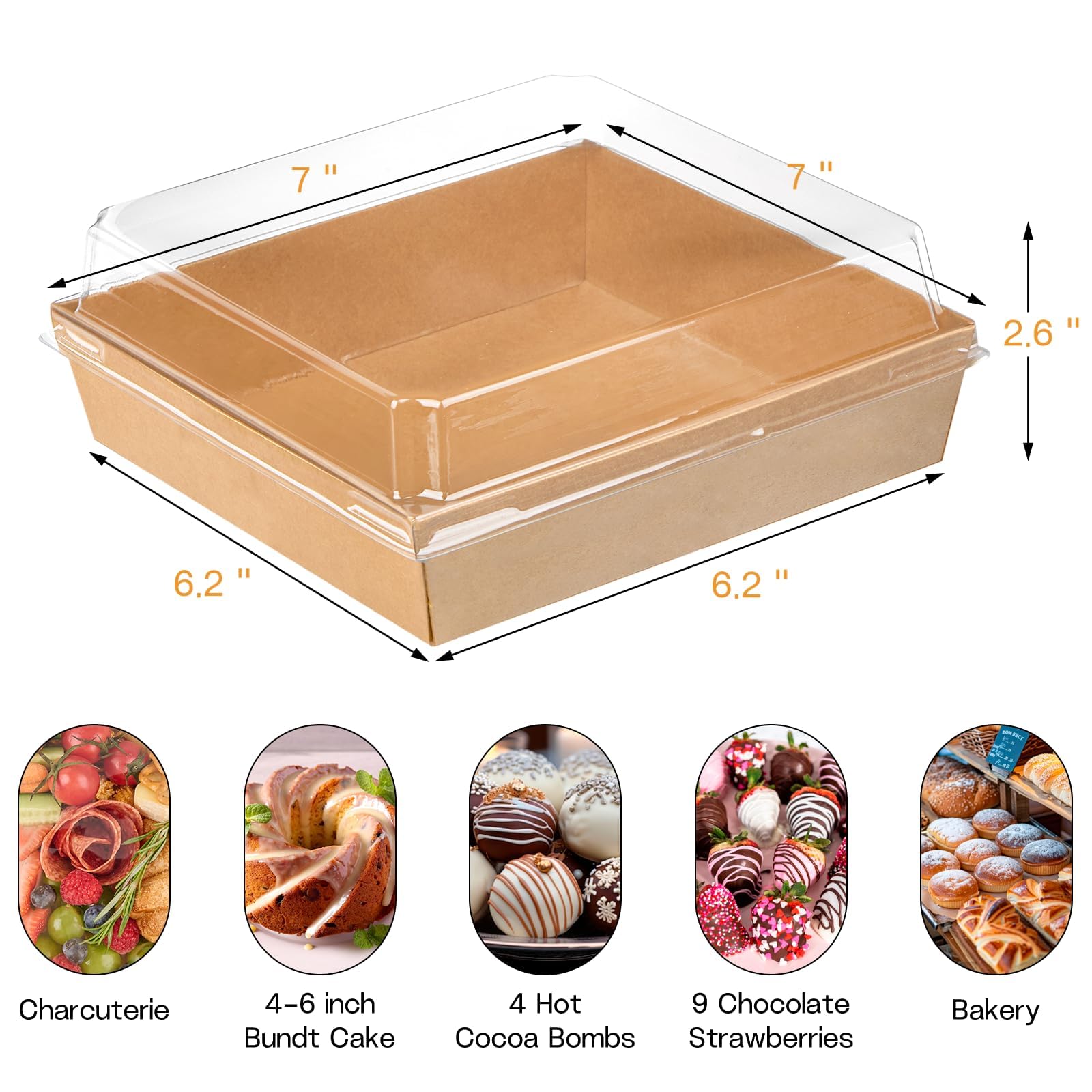ZORRITA Scatole grandi per salumi con coperchio trasparente, 17,8 x 17,8 cm, confezione da 40 scatole quadrate usa e getta in carta kraft, contenitori per alimenti per salumi, fette di torte, dessert,