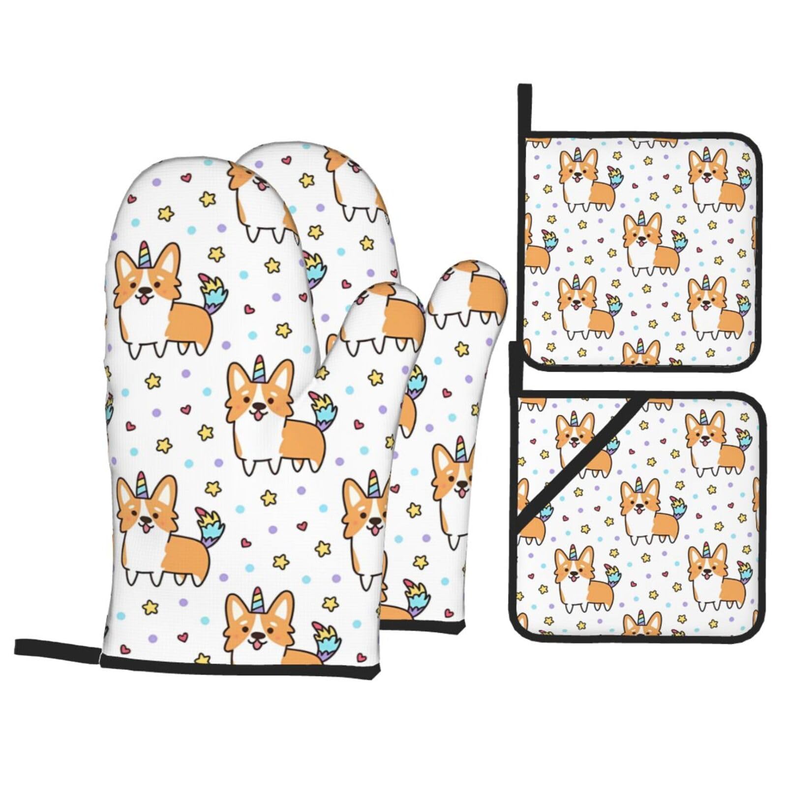 WHJSSF Corgi Prints Kitchen Baking Set - 4-Piece Heat Protection Layers with Waterproof Potholders for Oven, Grill & Serving