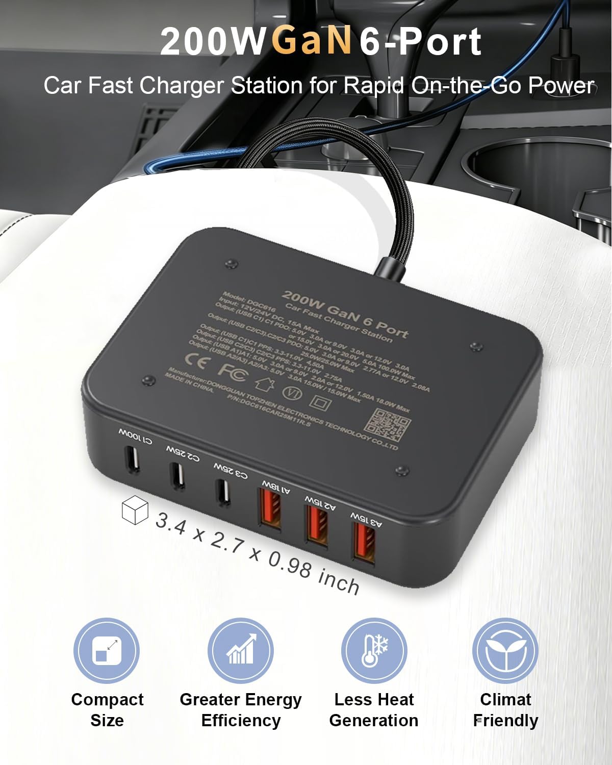 200W Car Charger 6-Port USB Car Charging Station - 12V 24V Cigarette Lighter Adapter Fast Charging Road Trip Automobile Charger for iPhone 17/16 Pro Max, MacBook Pro/Air, Laptop, iPad, Tablet