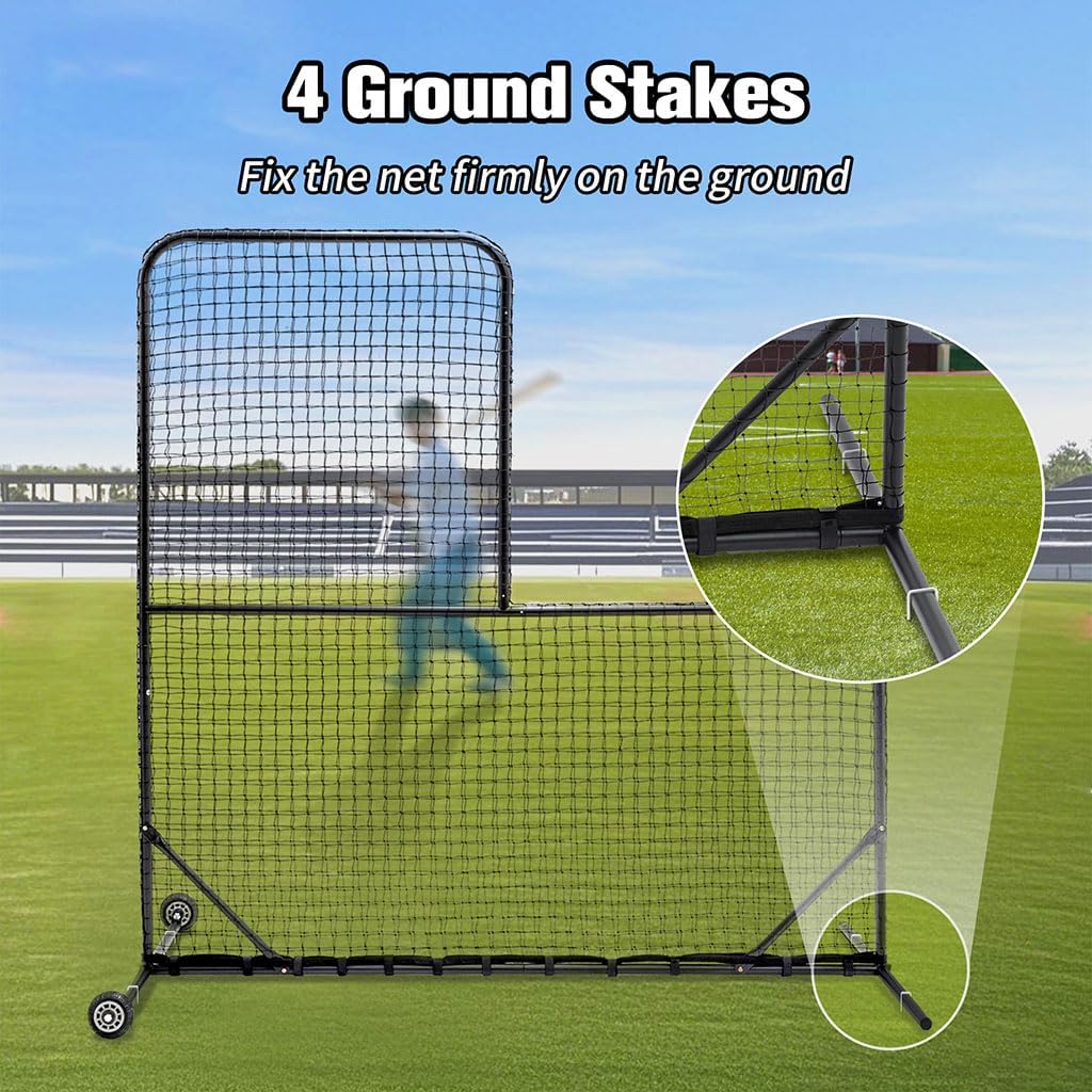 L Screen Baseball Screen Pitching Screen, Baseball Pitching Net with Wheels - 84''H x 84''W, with 42'' x 42'' Cutouts,with Carry Bag Body Protector for Back Drive Lines