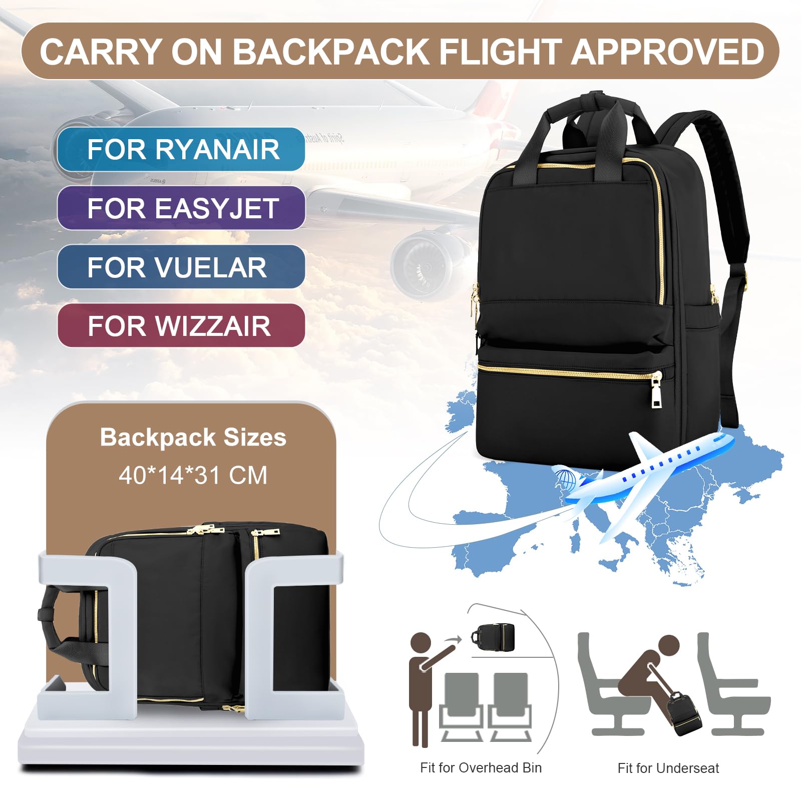 UPPACK Zaino Ryanair 40x20x25 Zaino Da Viaggio aereo Bagaglio a Mano Donna Zaino Borse da Cabina Borsa da Viaggio aereo Zaino per PC Impermeabile Casual Daypack