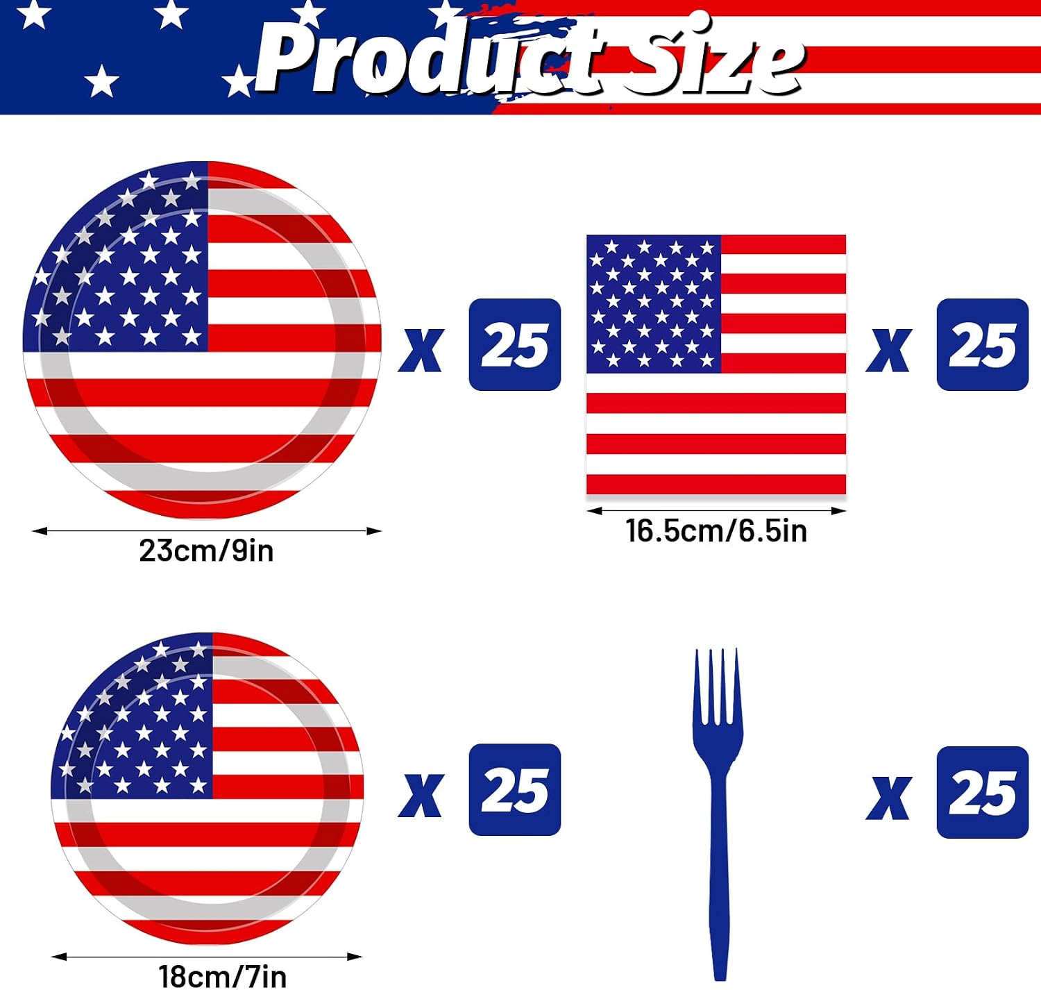 100 Pcs USA Flag Party Supplies Set – Serves 25, Red White Blue Disposable Tableware, Includes Paper Plates, Napkins, and Plastic Forks for Independence Day, 4th of July, Patriotic Table Decorations