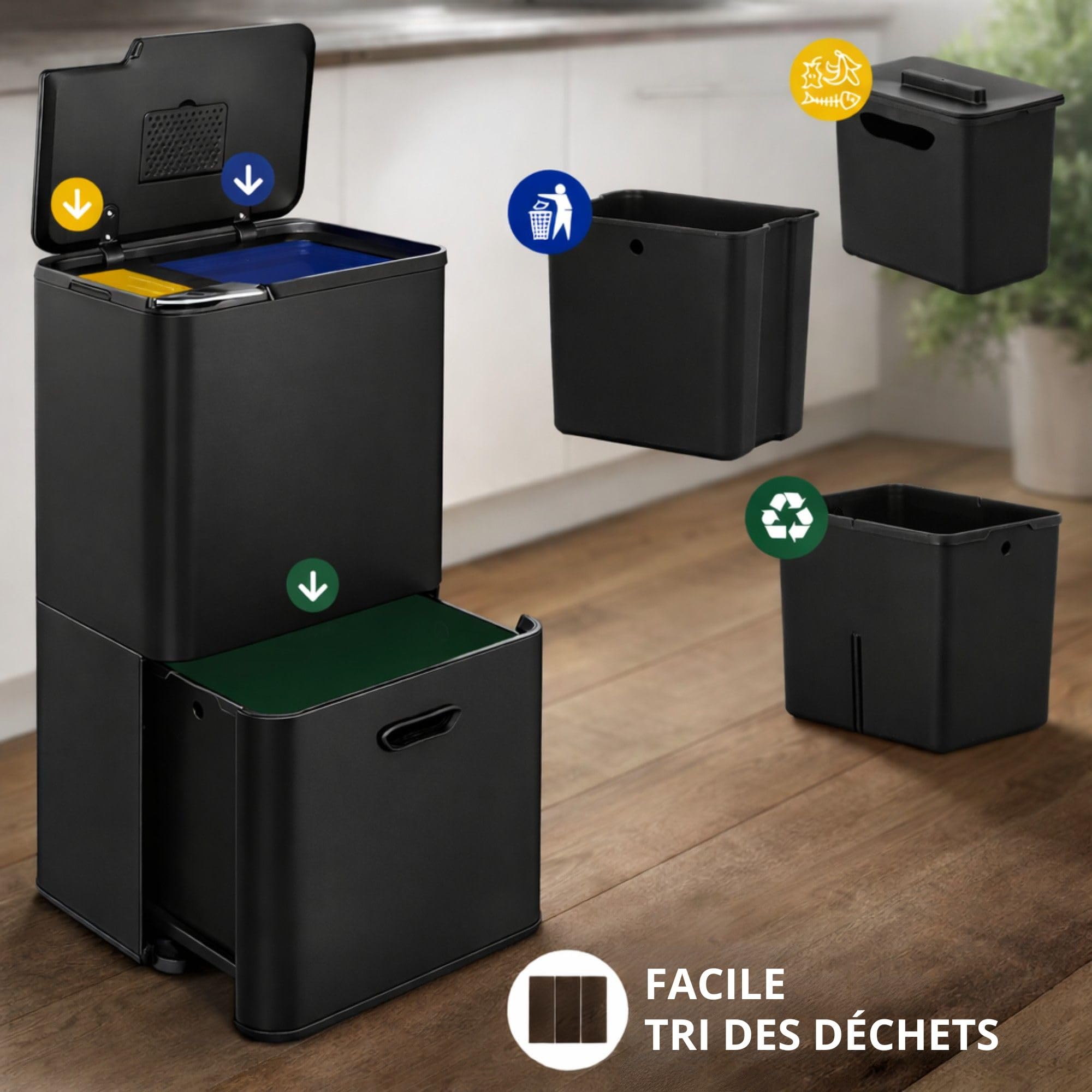 Bayt Poubelle De Tri Sélectif 60 L Pour La Cuisine - Poubelles De Cuisine À Double Bac De 60 Litres Pour Le Tri Des Déchets | Poubelle Verticale En Acier Inoxydable Noir Mat