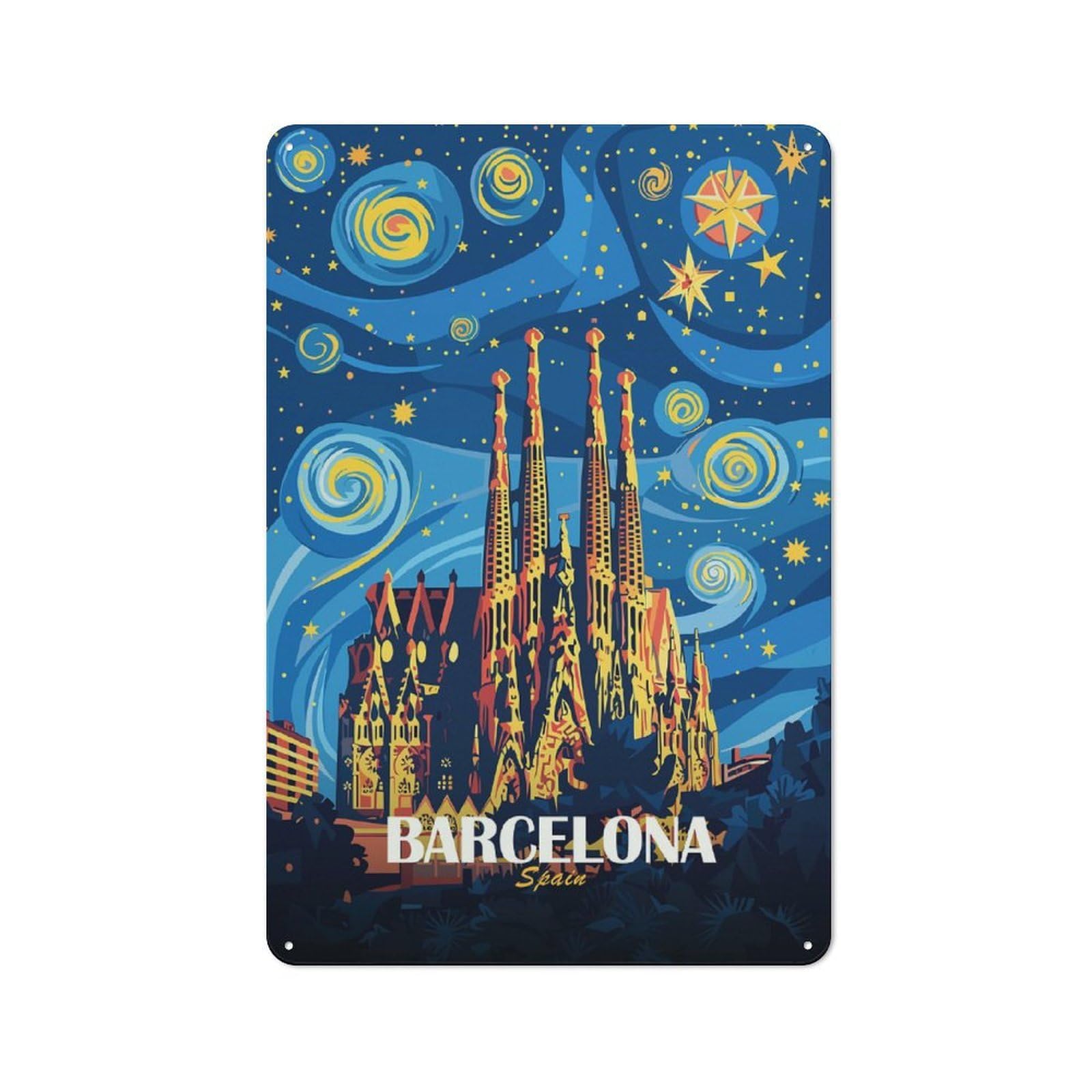 Junmoney Style-11 Barcelona Spain Travel Tin Sign 30X20cm For Workshop Wall, Vintage Wall Decor, For Metal Sign Collectors, For Garage And Workshop Walls