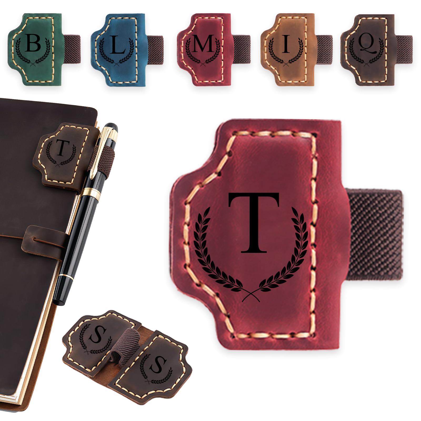 Personalised Magnetic Bookmark Magnetic Bookmarks for Women Personalized Leather Pen Holder Bookmark Custom Carving 26 Initial Ietters Suitable for Men Women Reading Enthusiasts (Red, T)
