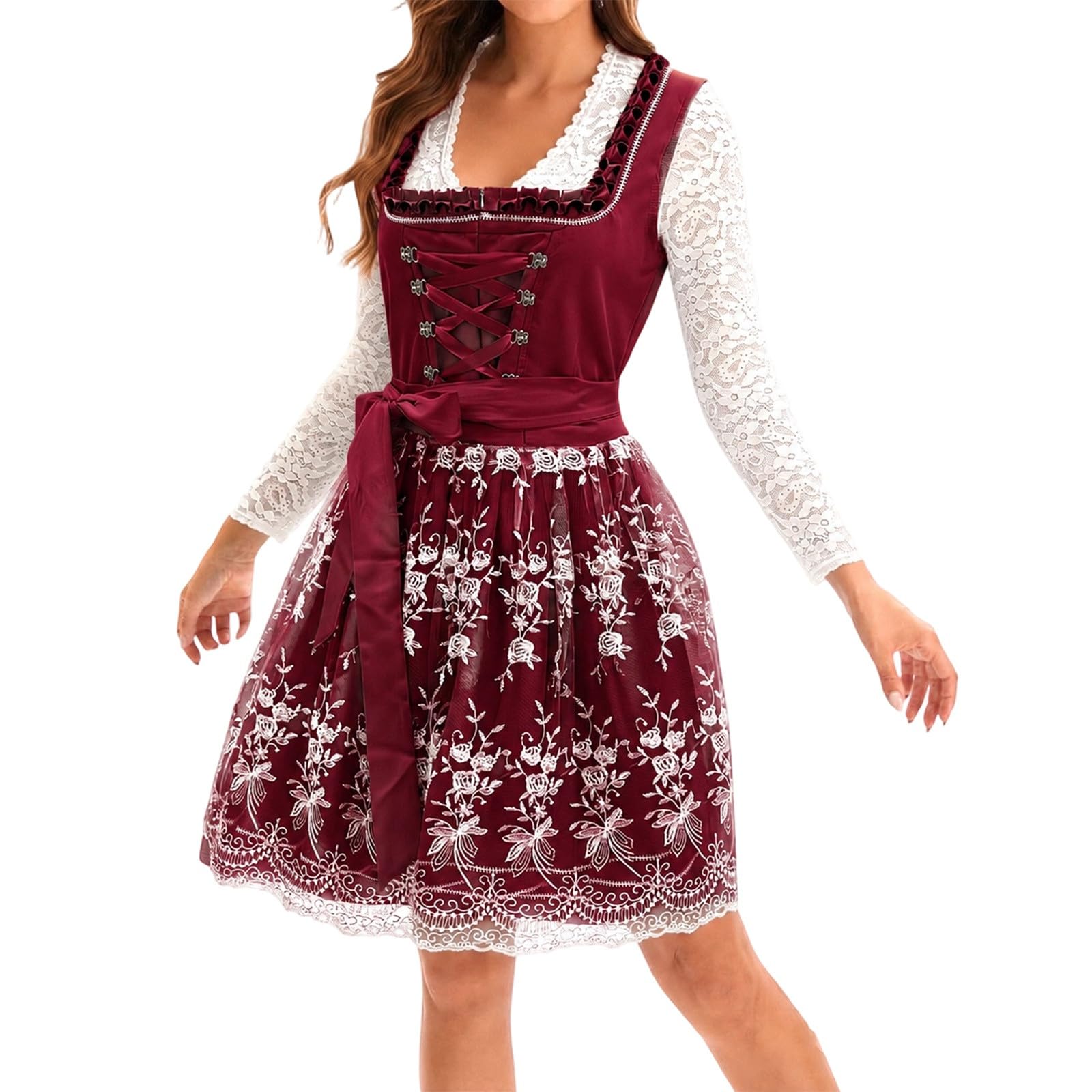 Dirndl tradicional de terciopelo con delantal de encaje para mujer 8