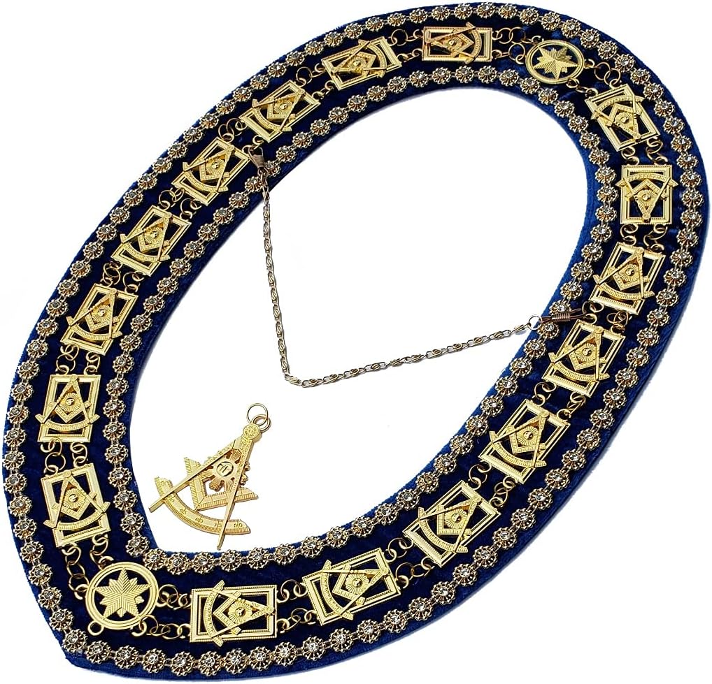 Past Master Masonic Gold Collar with JEWEL DELUXE RHINESTONE BLUE // Backing