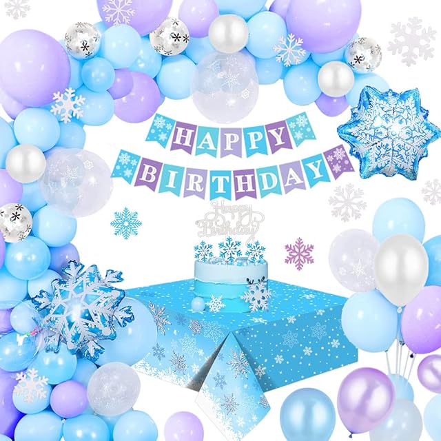 Frozen Birthday Decorations Girls,Frozen Balloon Arch Kit,Princess Elsa Party Decorations with Frozen Happy Birthday Banner,Cake Topper,Tablecloth,Snowflake Foil Confetti Balloons for Baby Shower