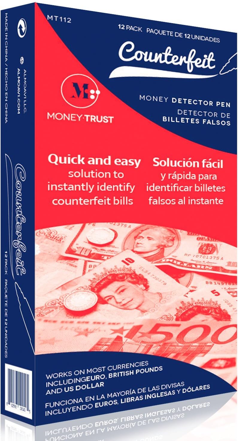 MoneyTrust Counterfeit money detector Pen that detects counterfeit bills for Paper British Pounds, Euro and US Dollars Prime (12 Pack)