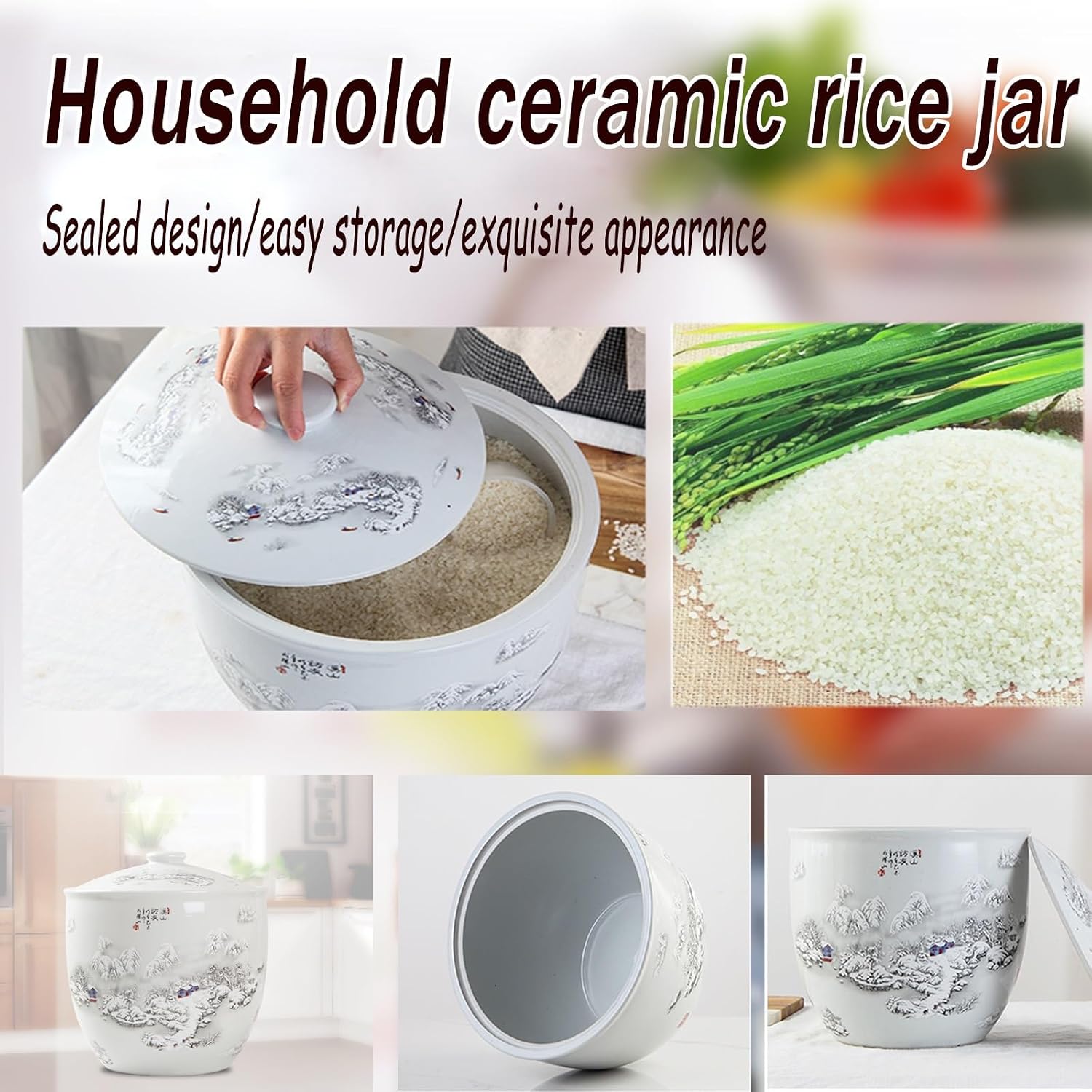 Ceramic Rice Jar，Household Rice Bucket，Grain Dispenser Food Storage Jars，ceramic Food Storage Containers，Ceramic Rice Cylinder With Lid，Chinese Jar Ceramic Decorative，Airtight Rice Bucket Ginger Jar(B