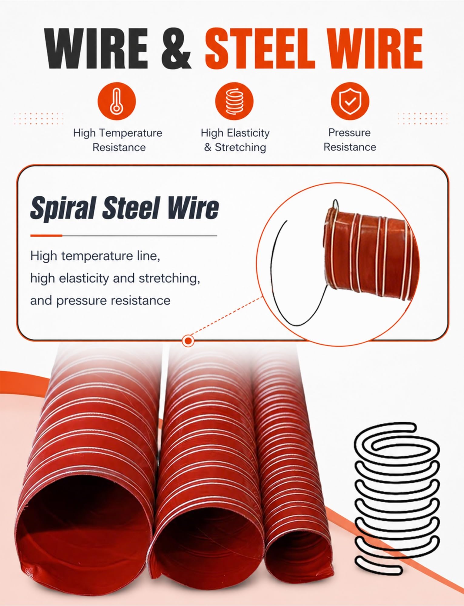 Manguera de silicona ignífuga reforzada con alambre de acero,conducto flexible de fibra de vidrio resistente al calor for extracción de humos industriales(7cm/2.76in,400cm/157.48in)