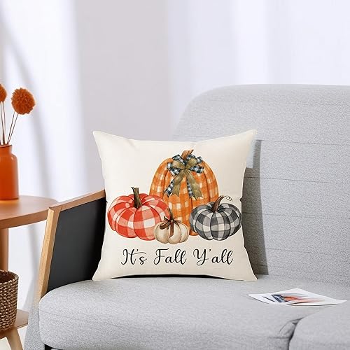 Miniatura 8 de Aitukang Fundas de almohada de otoño de 18 x 18 pulgadas, diseño de calabaza a cuadros de acuarela, funda de almohada decorativa de otoño de Acción